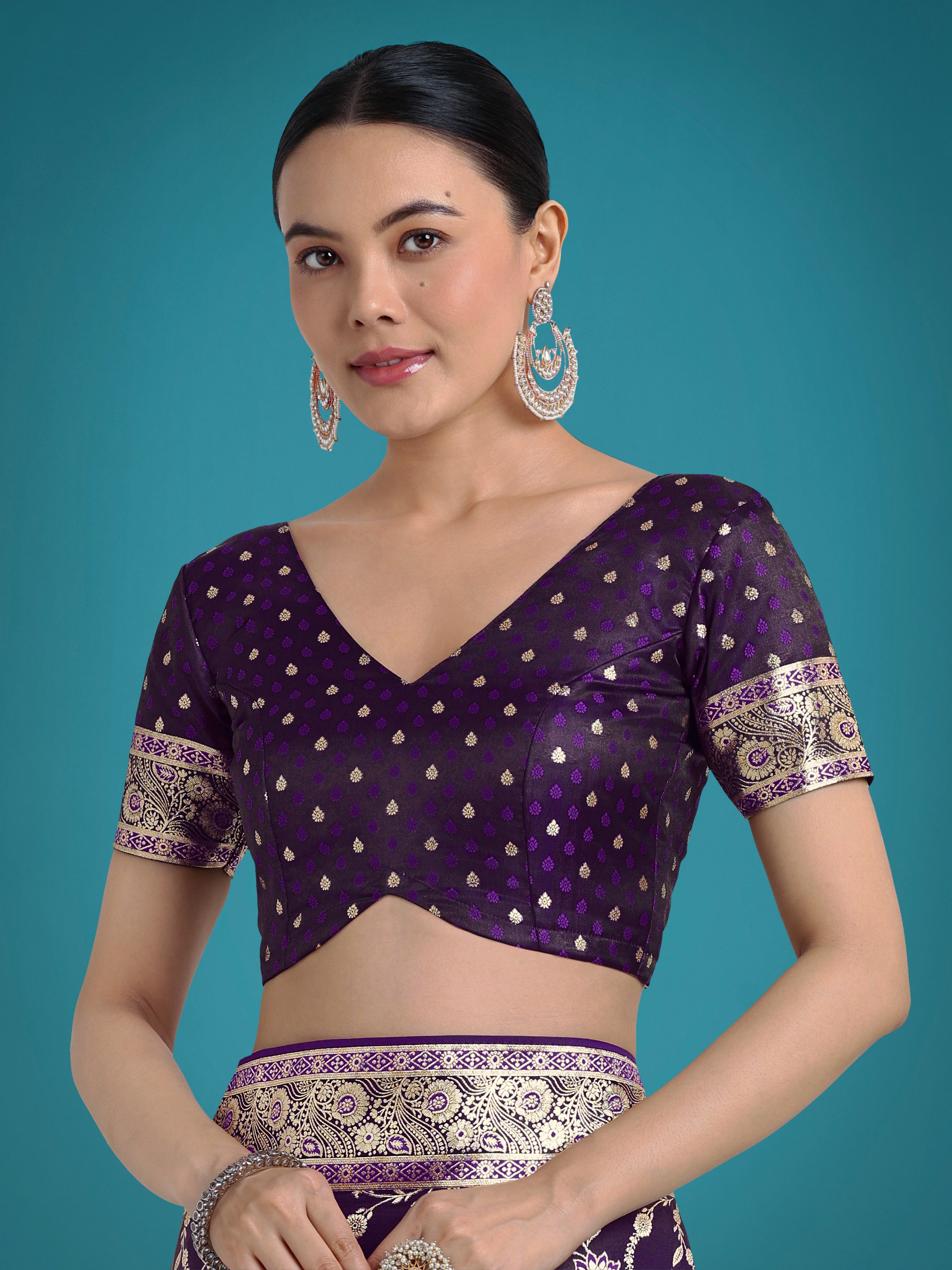 Monjolika Fashion Dark Purple Zari Woven Banarasi Classic Satin Silk Saree