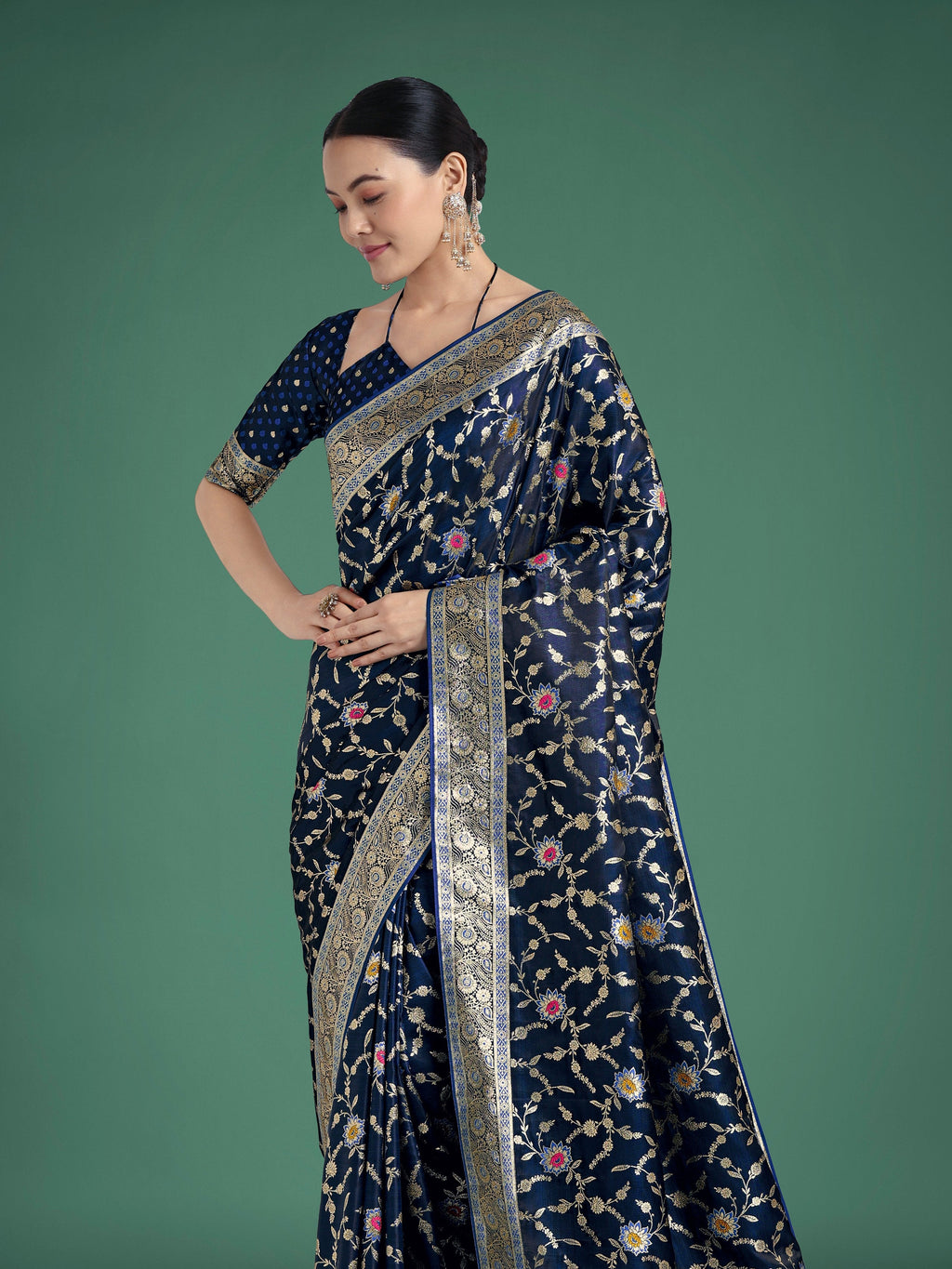 Monjolika Fashion Dark Blue Zari Woven Banarasi Classic Satin Silk Saree