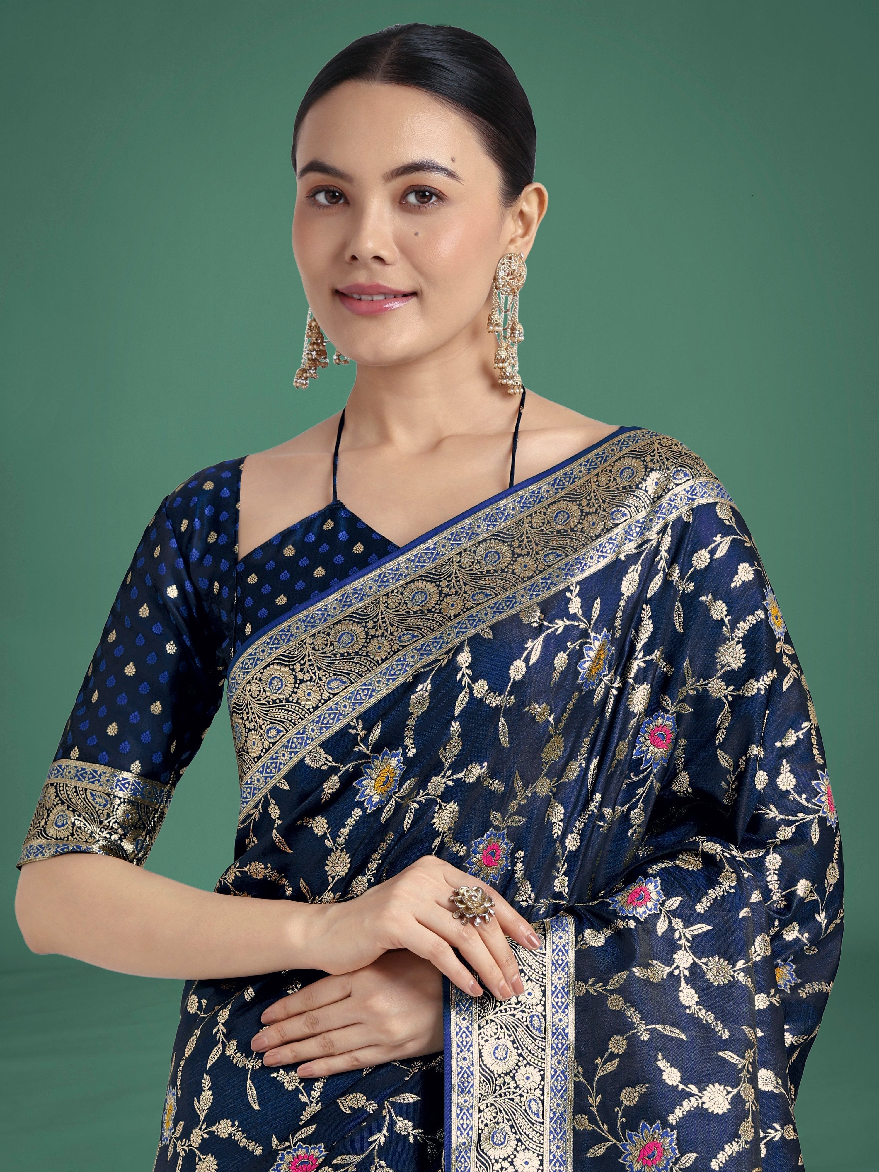 Monjolika Fashion Dark Blue Zari Woven Banarasi Classic Satin Silk Saree