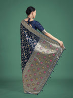 Monjolika Fashion Dark Blue Zari Woven Banarasi Classic Satin Silk Saree
