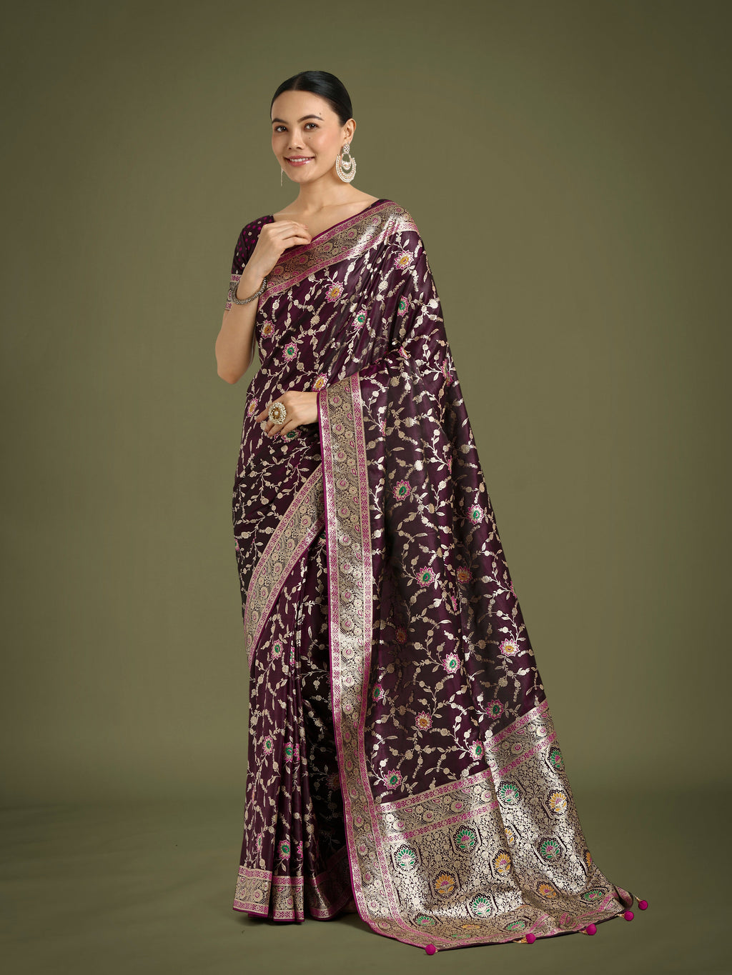 Monjolika Fashion Wine Zari Woven Banarasi Classic Satin Silk Saree - Distacart