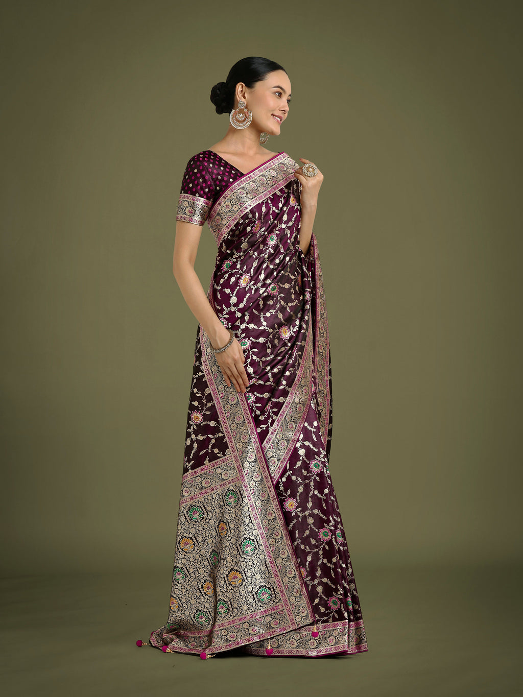 Monjolika Fashion Wine Zari Woven Banarasi Classic Satin Silk Saree - Distacart