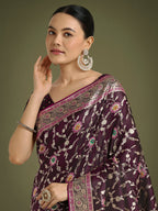 Monjolika Fashion Wine Zari Woven Banarasi Classic Satin Silk Saree - Distacart