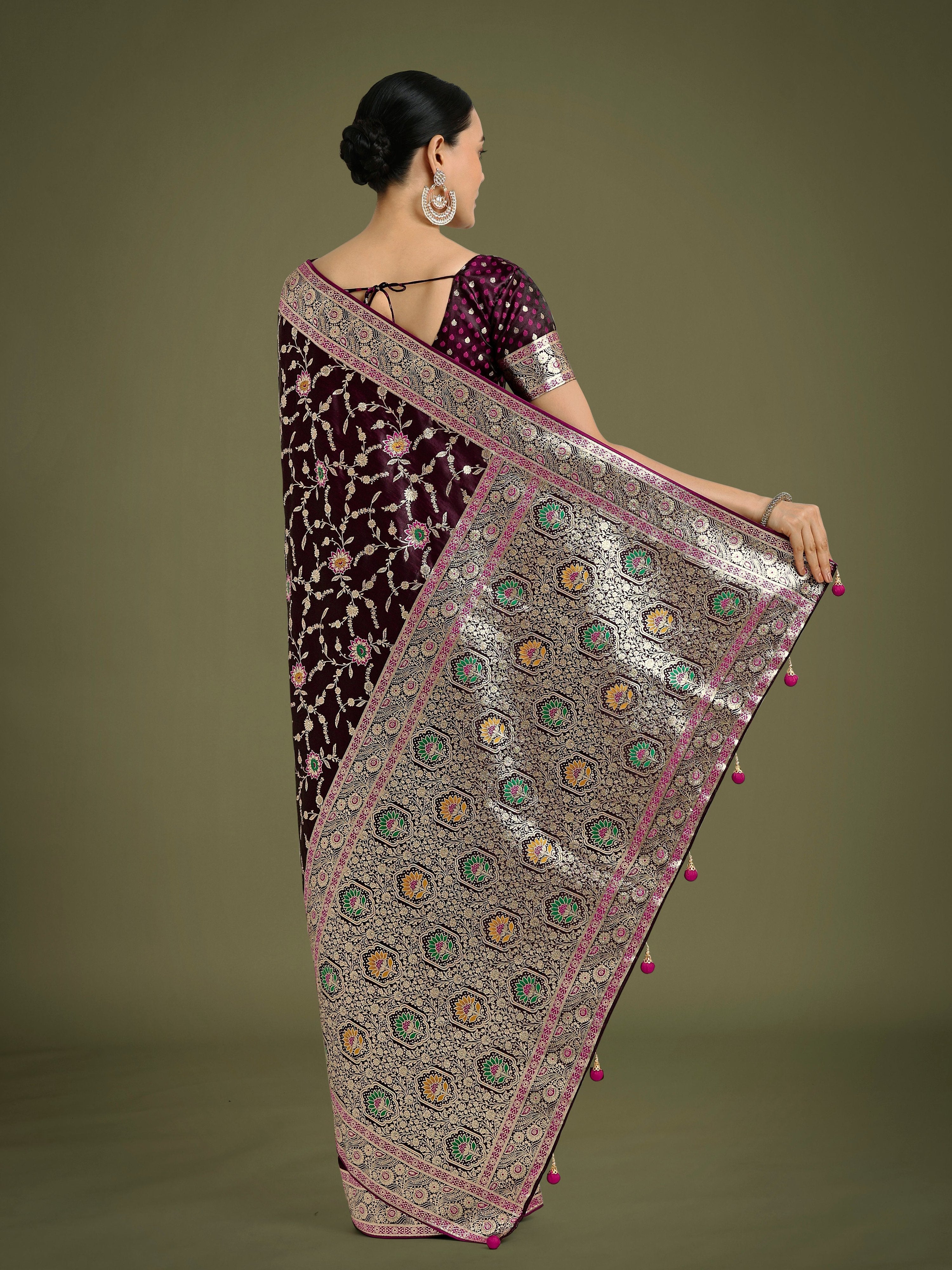 Monjolika Fashion Wine Zari Woven Banarasi Classic Satin Silk Saree - Distacart