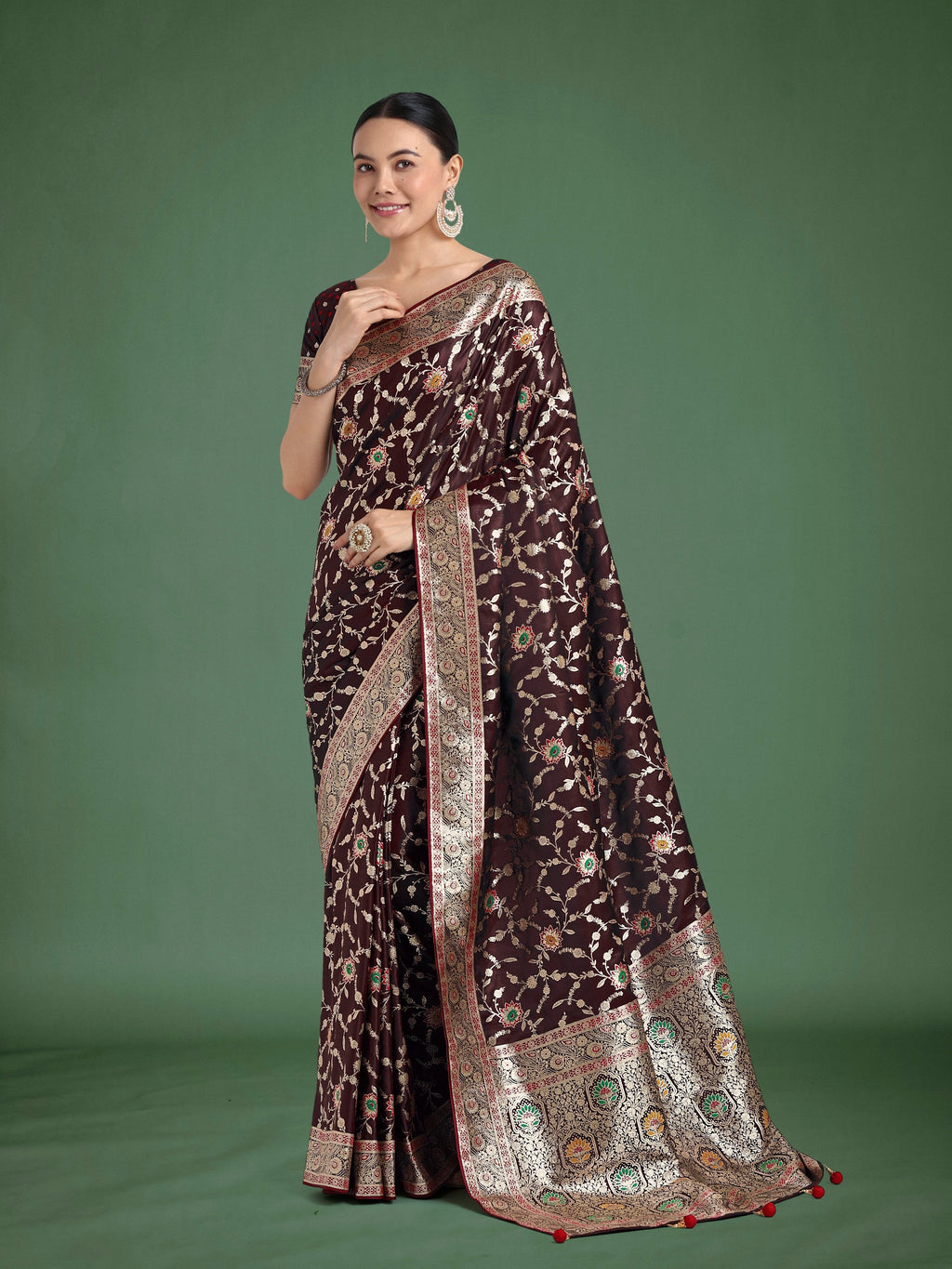 Monjolika Fashion Maroon Zari Woven Banarasi Classic Satin Silk Saree - Distacart