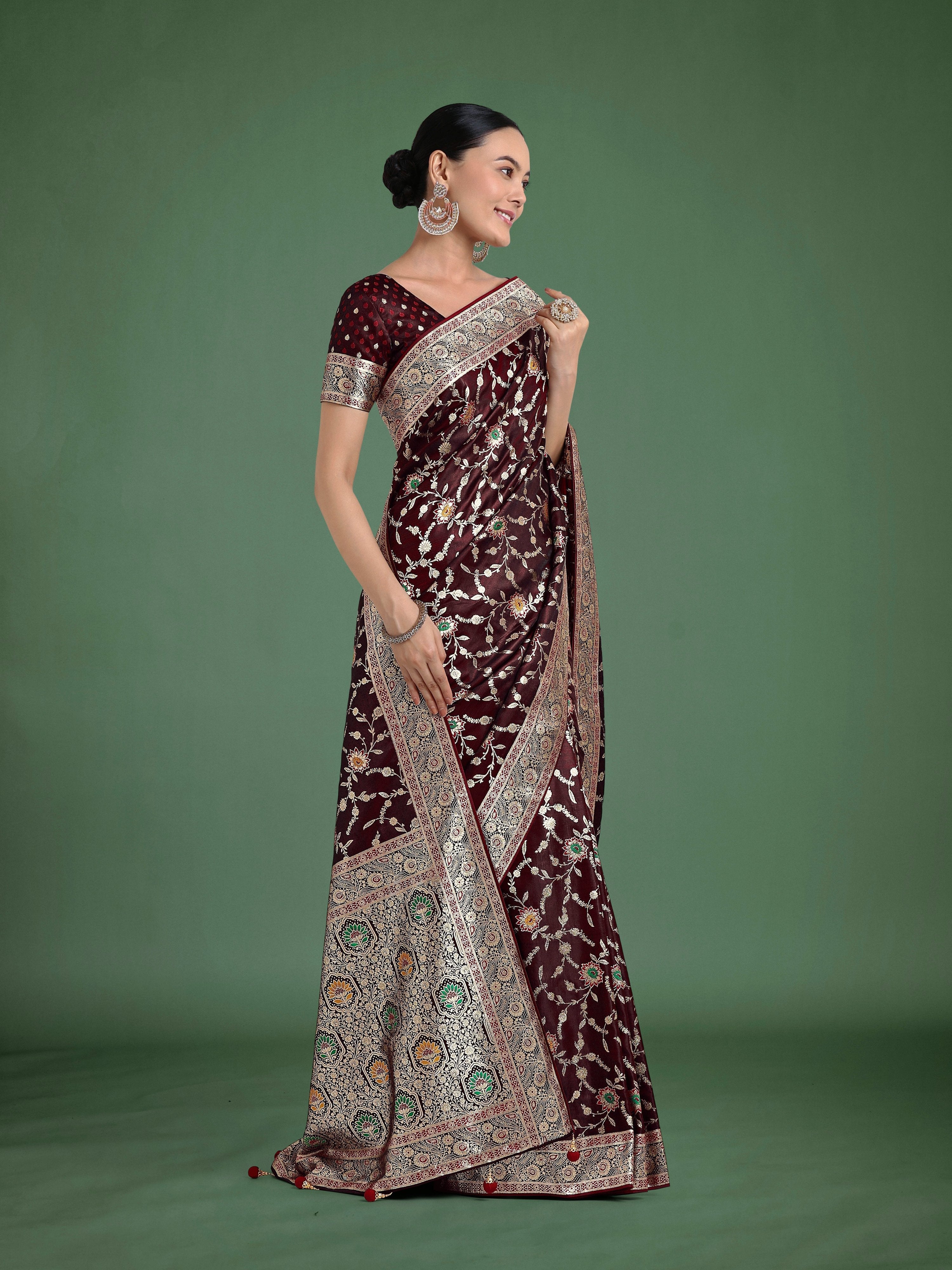 Monjolika Fashion Maroon Zari Woven Banarasi Classic Satin Silk Saree - Distacart