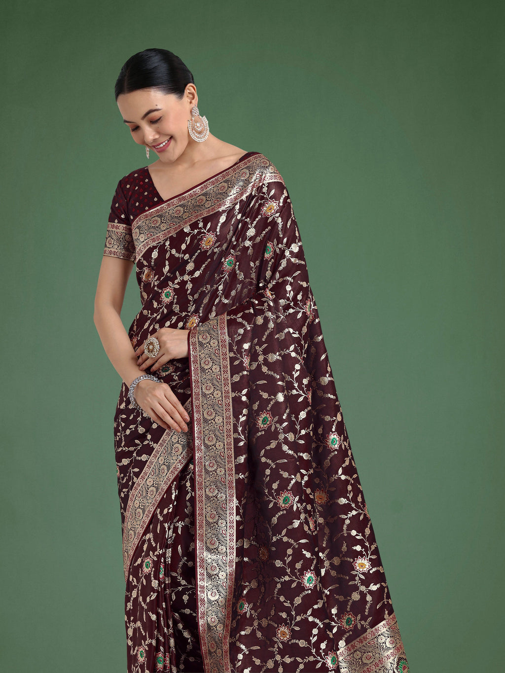 Monjolika Fashion Maroon Zari Woven Banarasi Classic Satin Silk Saree - Distacart
