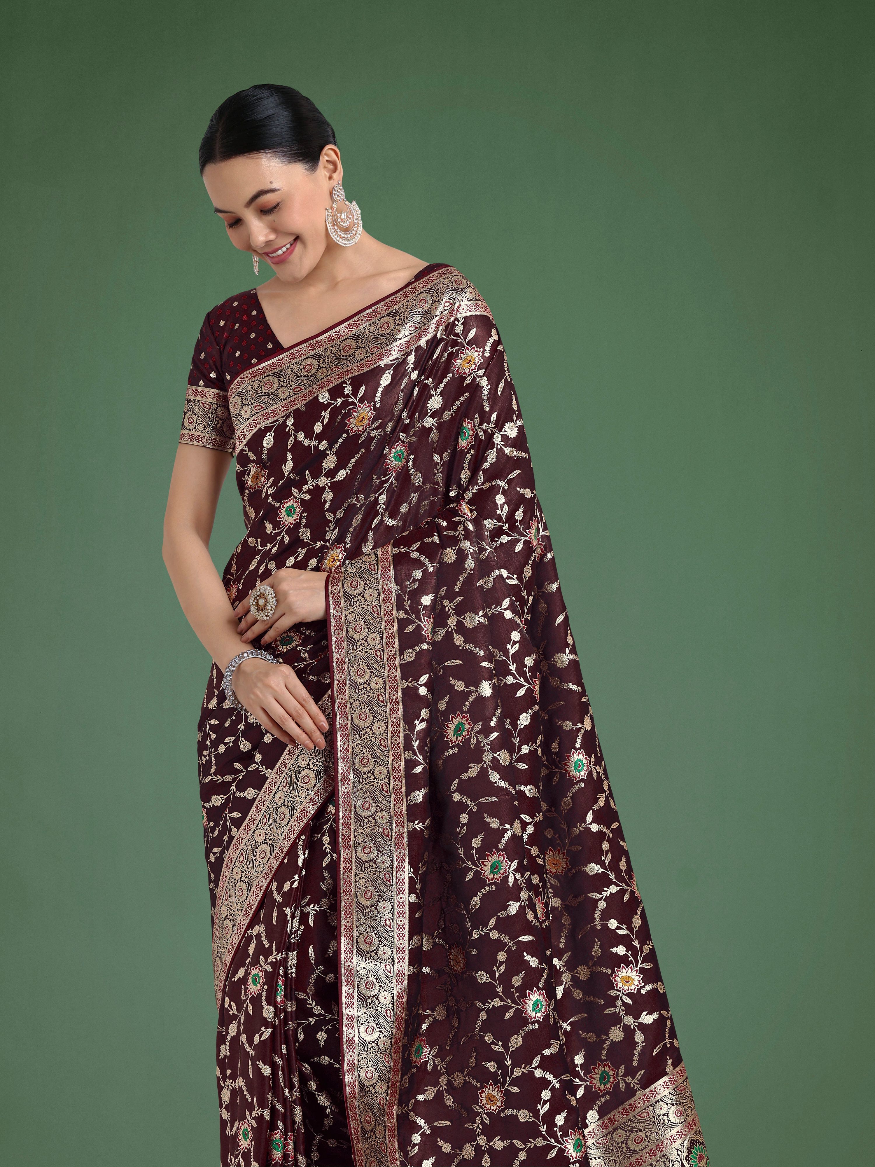 Monjolika Fashion Maroon Zari Woven Banarasi Classic Satin Silk Saree - Distacart