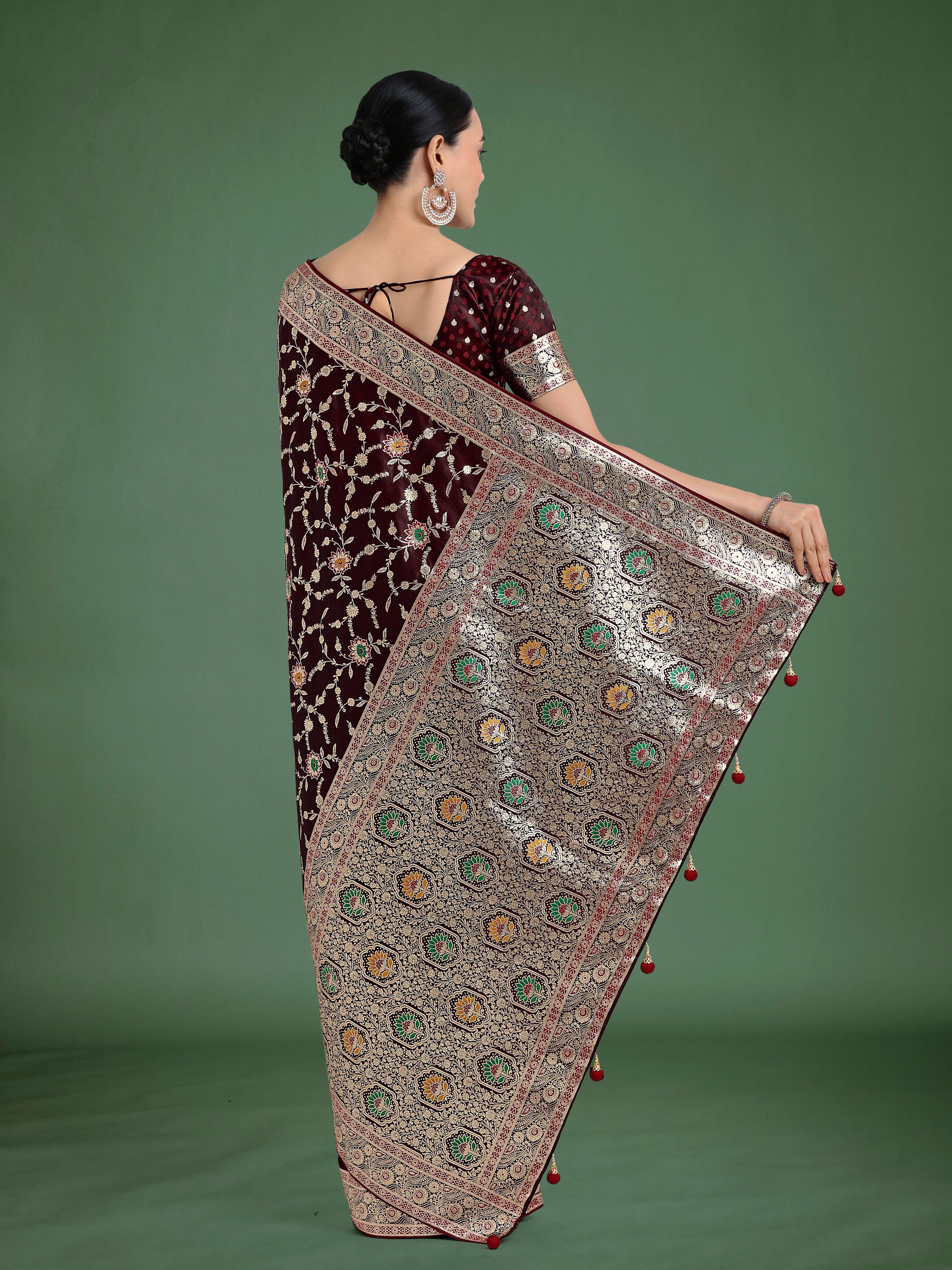 Monjolika Fashion Maroon Zari Woven Banarasi Classic Satin Silk Saree - Distacart