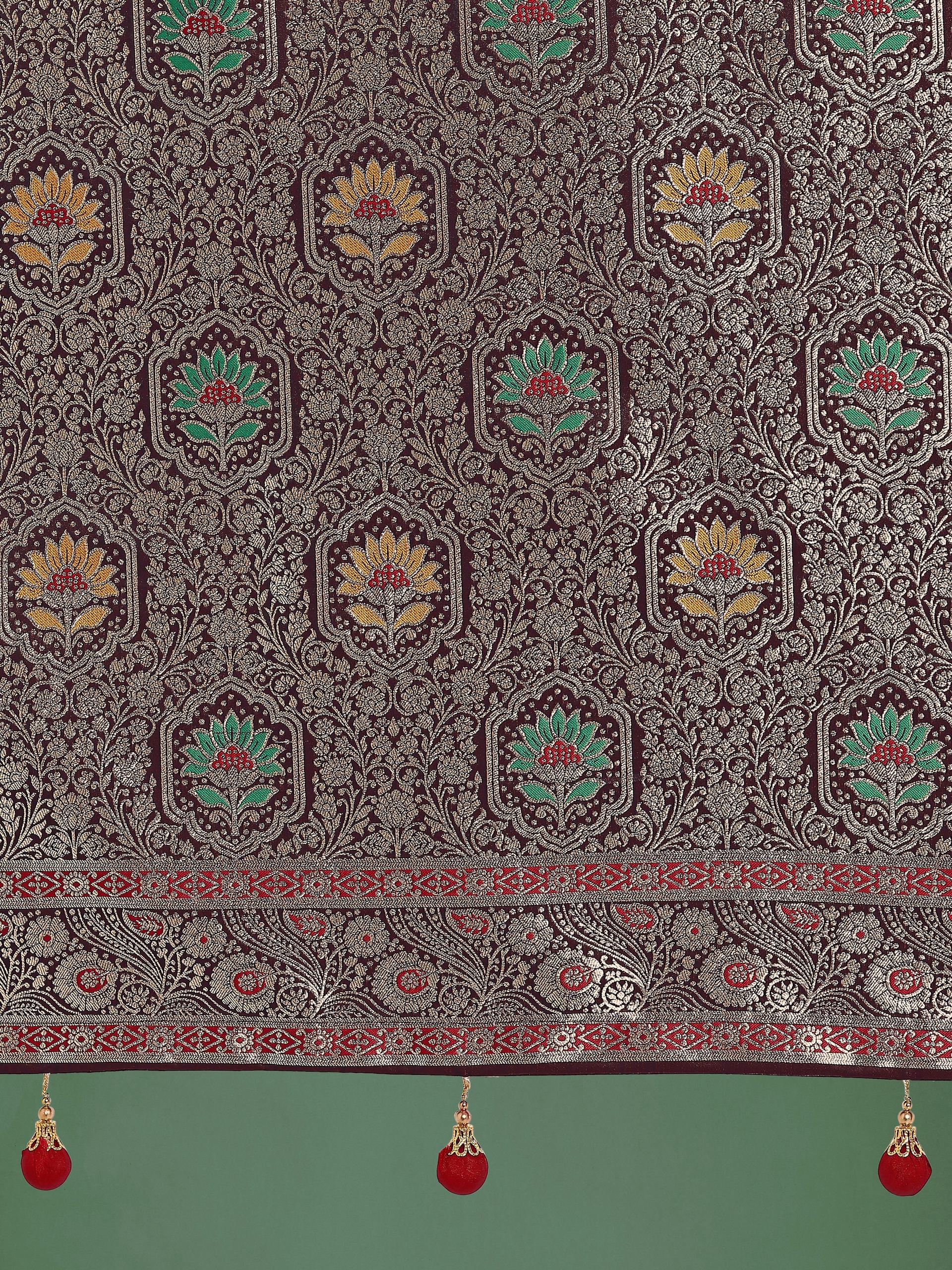 Monjolika Fashion Maroon Zari Woven Banarasi Classic Satin Silk Saree - Distacart