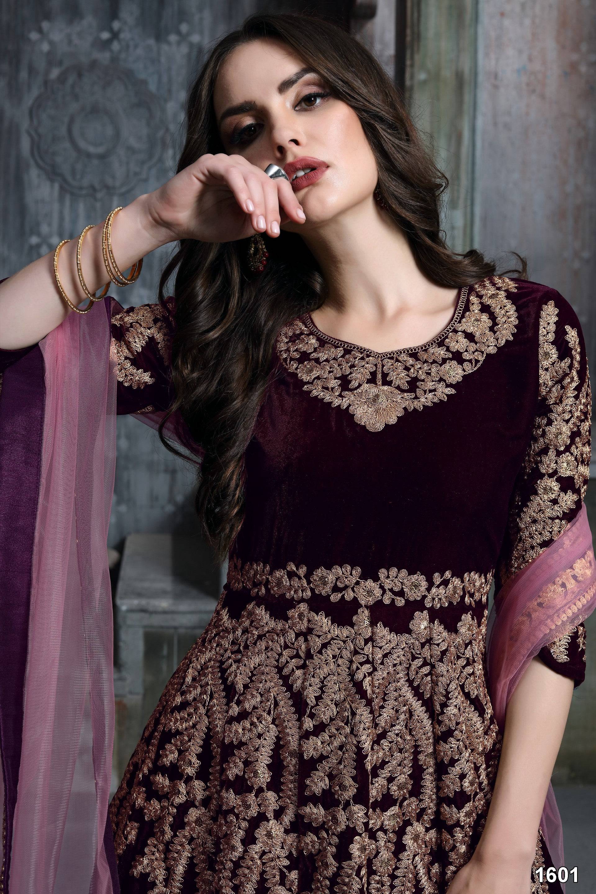 Anaita Dark Purple Embroidered Velvet Patiala Suit - Distacart