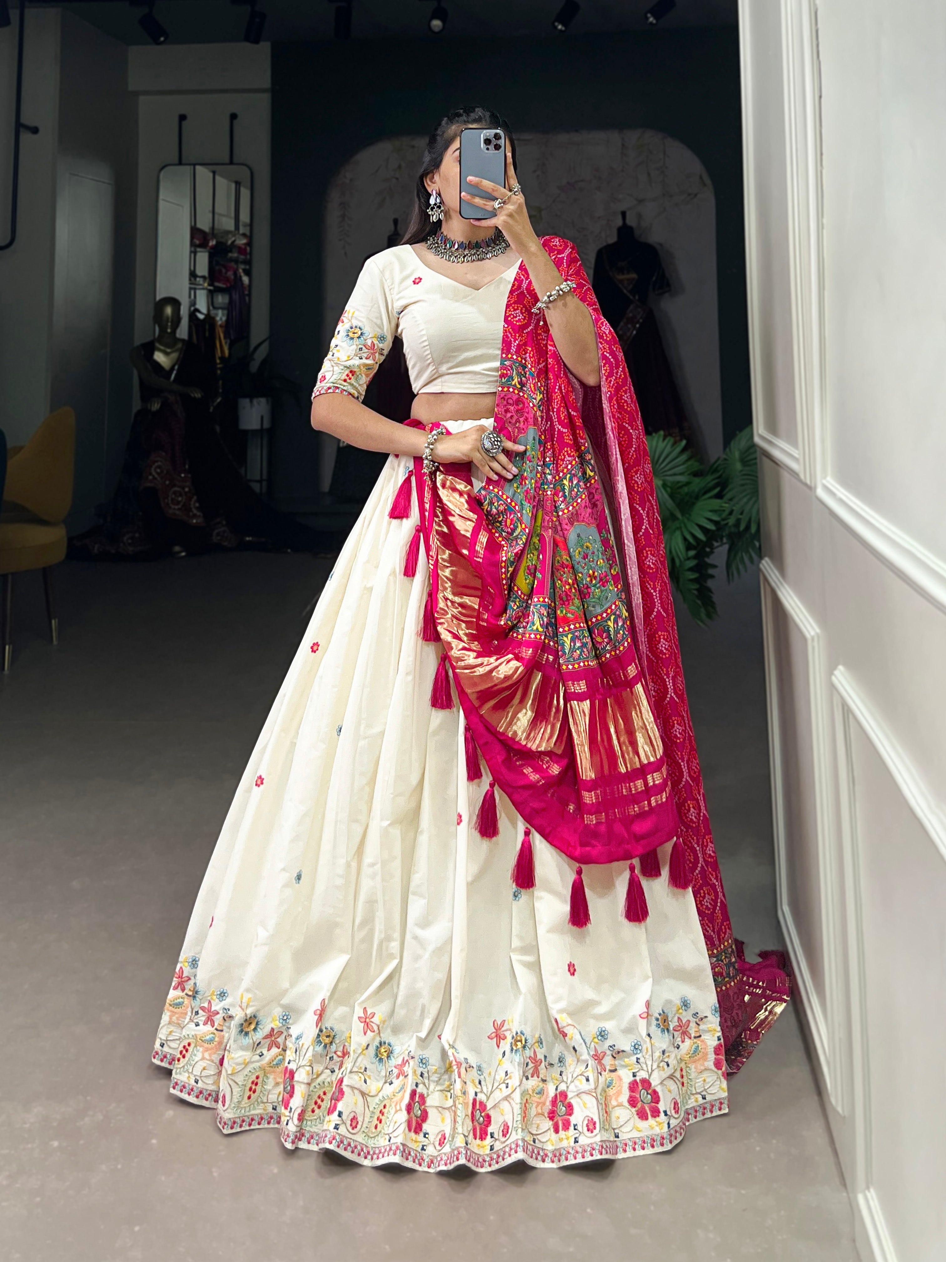 Lorenvalley Off White Khadi cotton Sequins And Thread Embroidery Work Lehenga Choli