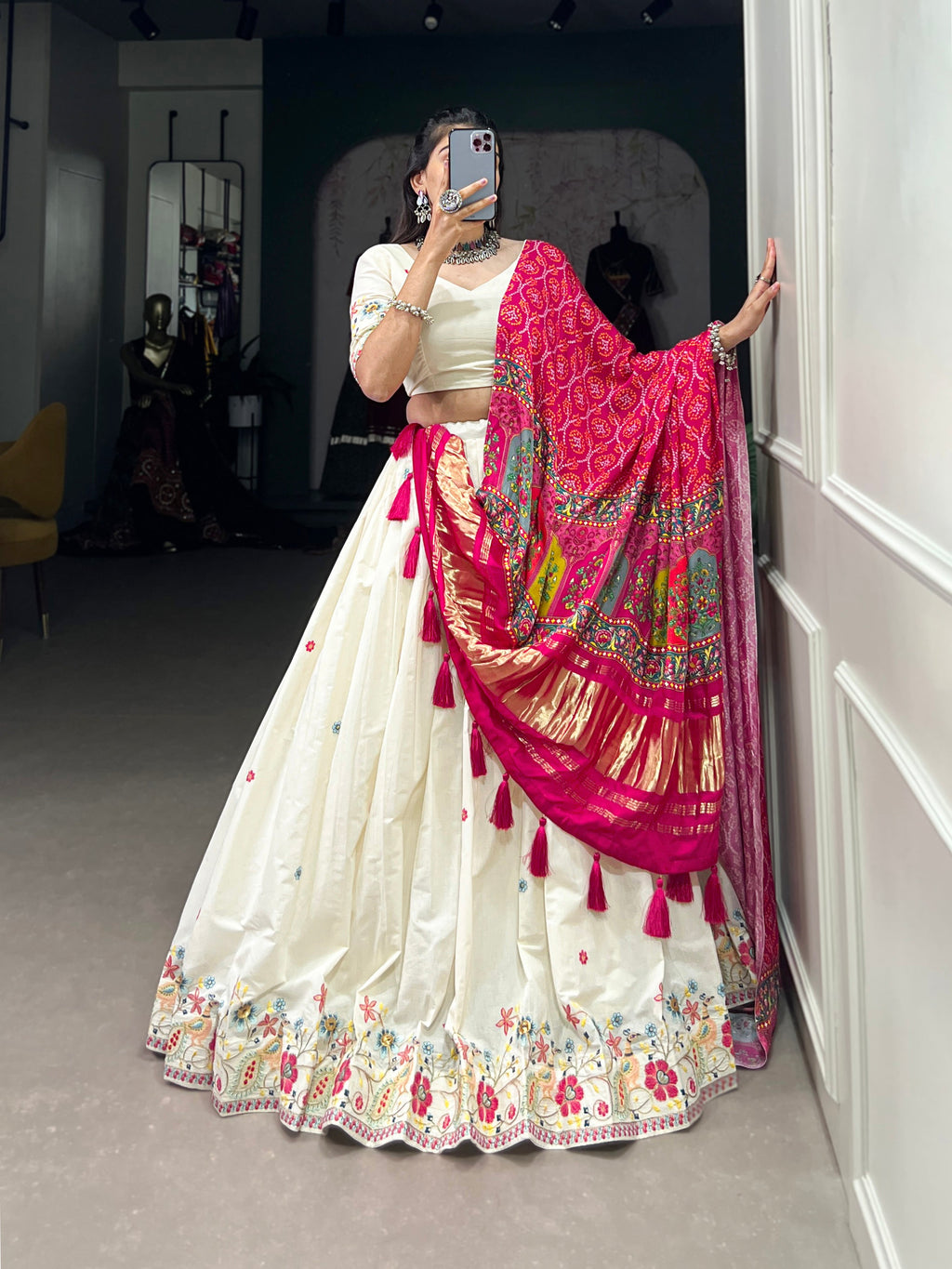 Lorenvalley Off White Khadi cotton Sequins And Thread Embroidery Work Lehenga Choli