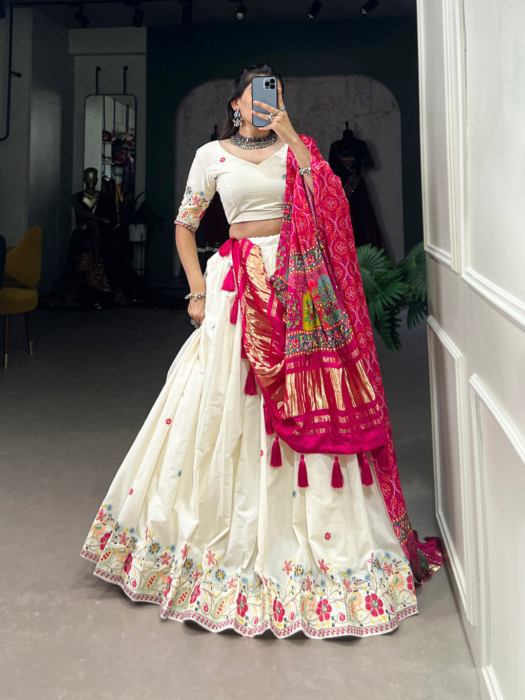 Lorenvalley Off White Khadi cotton Sequins And Thread Embroidery Work Lehenga Choli