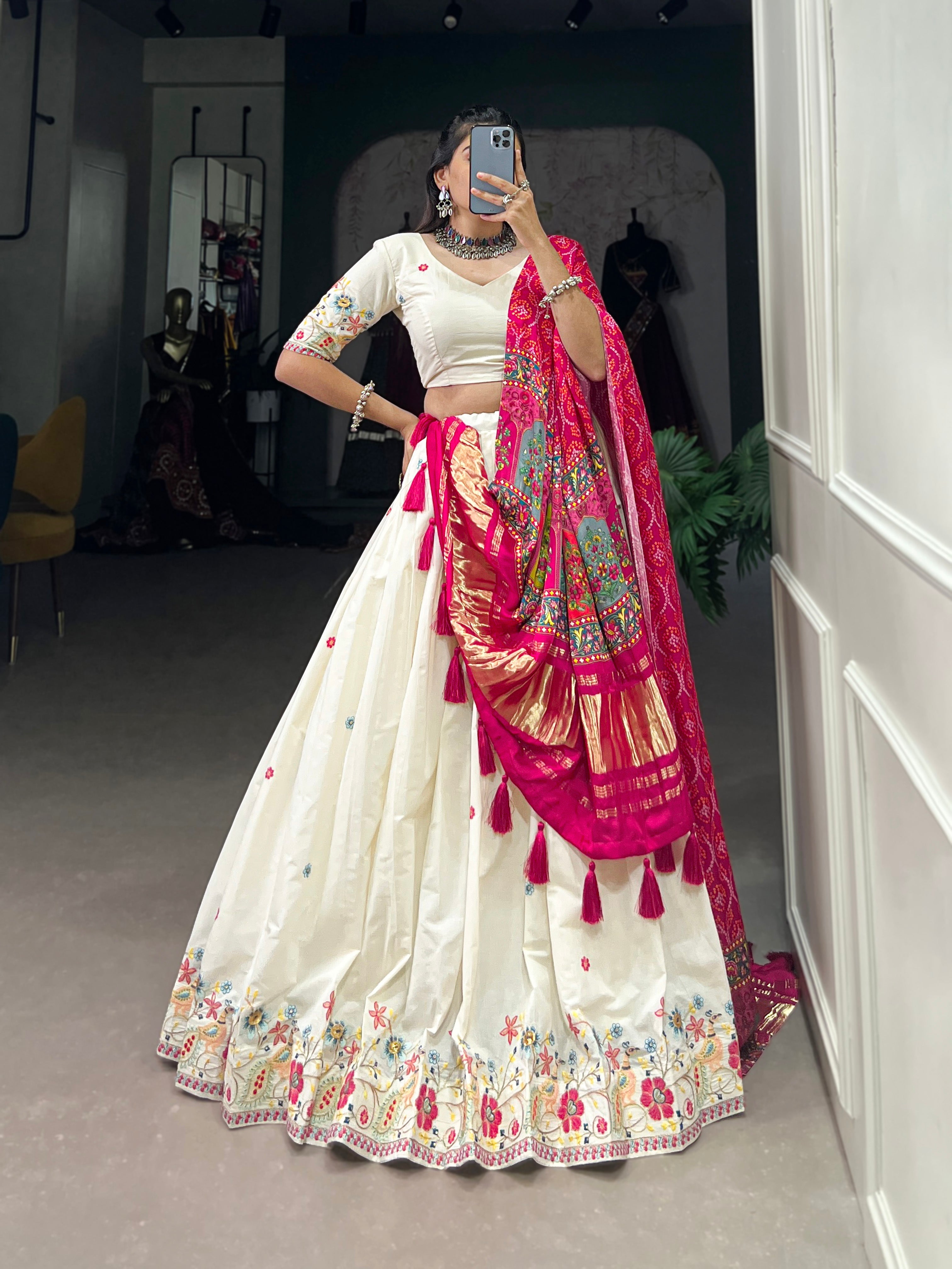 Lorenvalley Off White Khadi cotton Sequins And Thread Embroidery Work Lehenga Choli