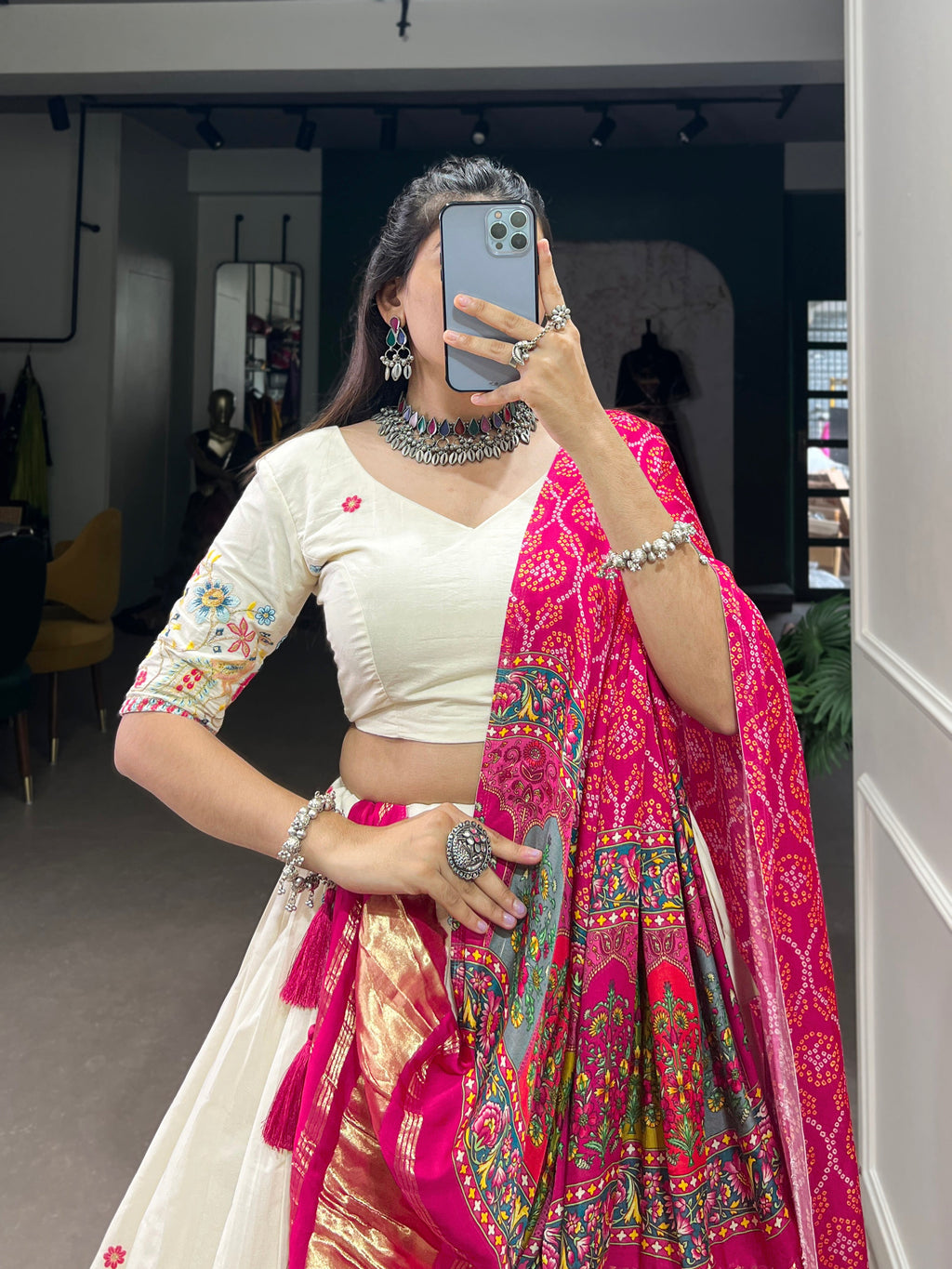 Lorenvalley Off White Khadi cotton Sequins And Thread Embroidery Work Lehenga Choli