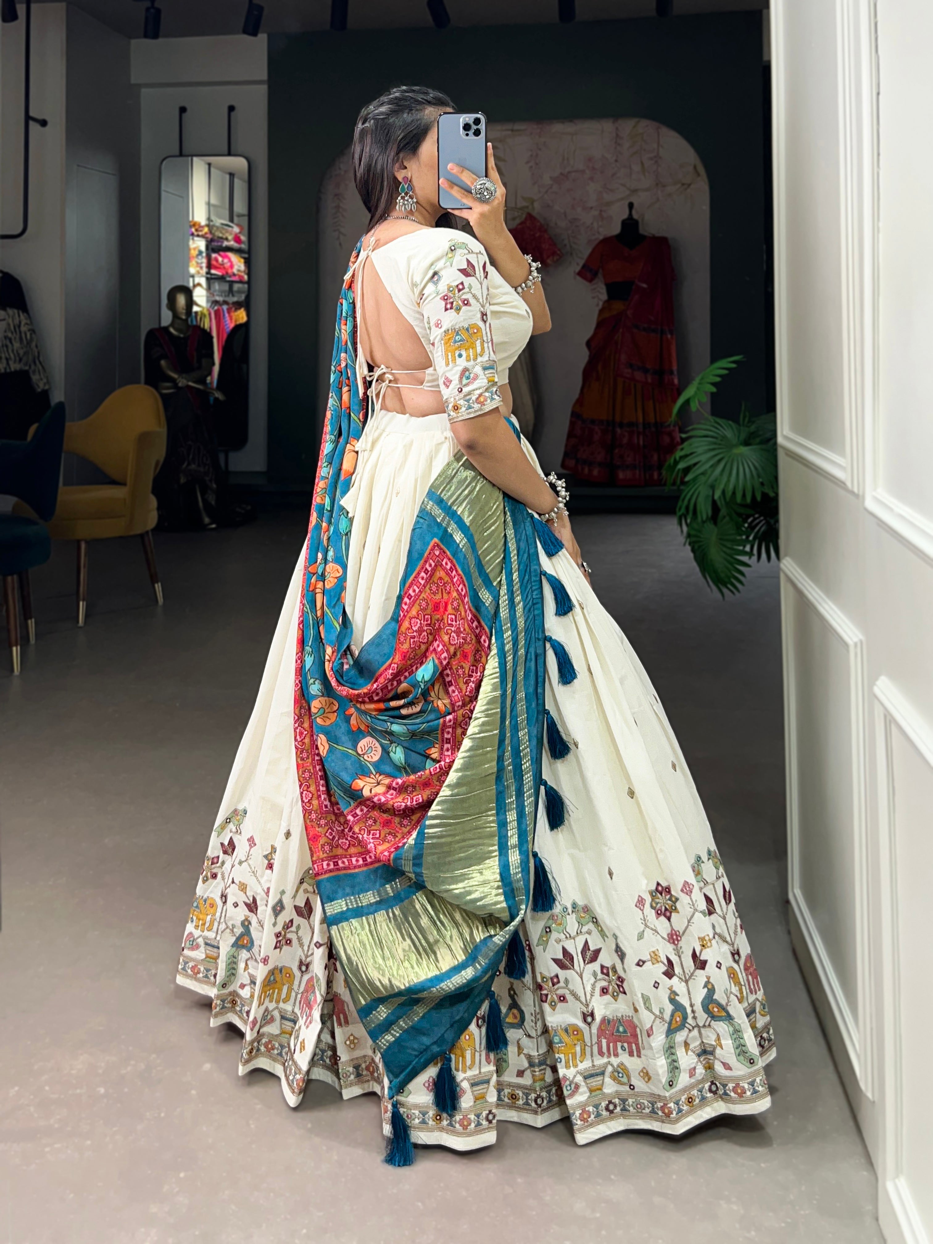 Lorenvalley Off White Khadi cotton Sequins And Thread Embroidery Work Lehenga Choli