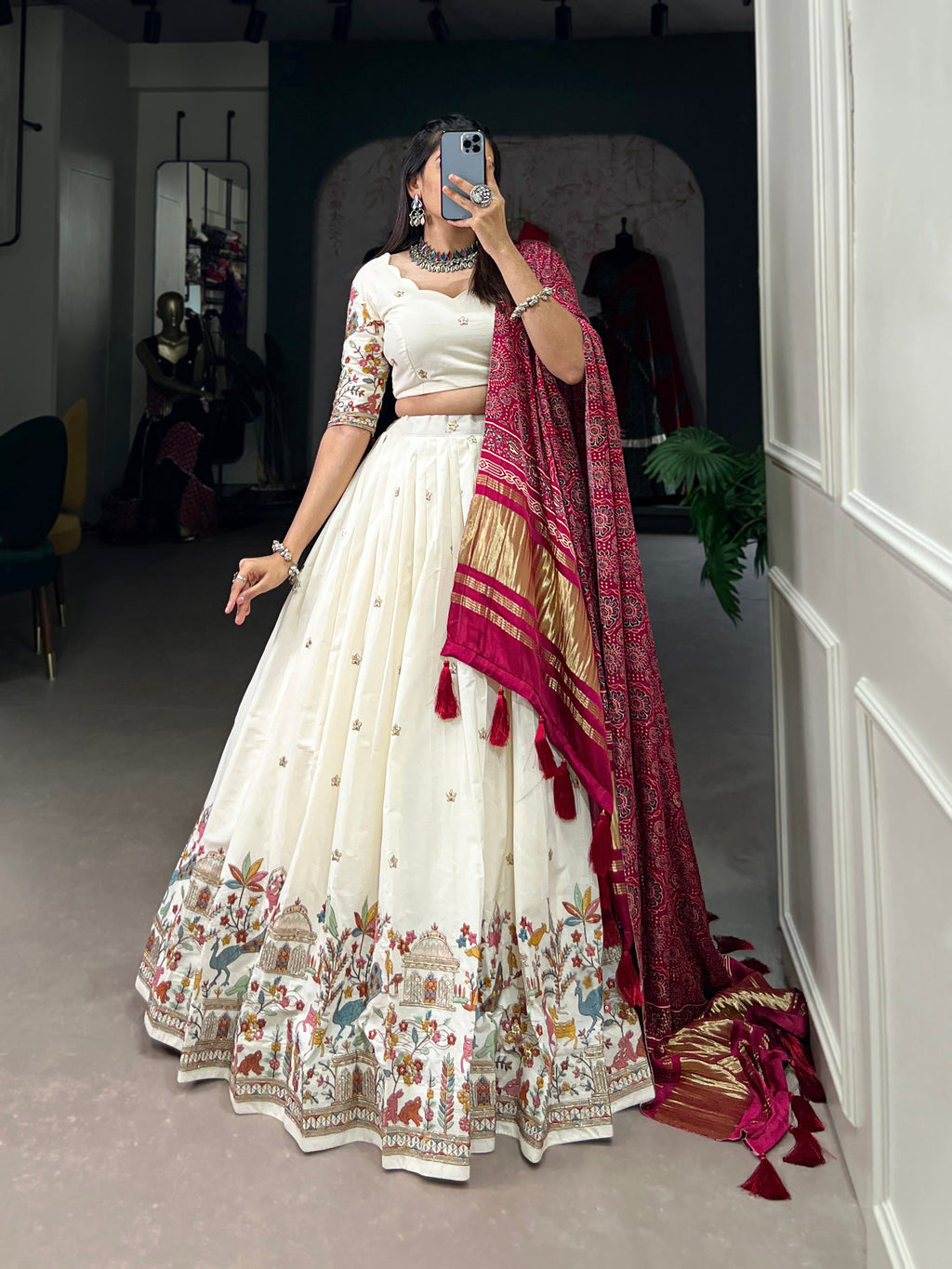 Lorenvalley Off White Khadi cotton Sequins And Thread Embroidery Work Lehenga Choli