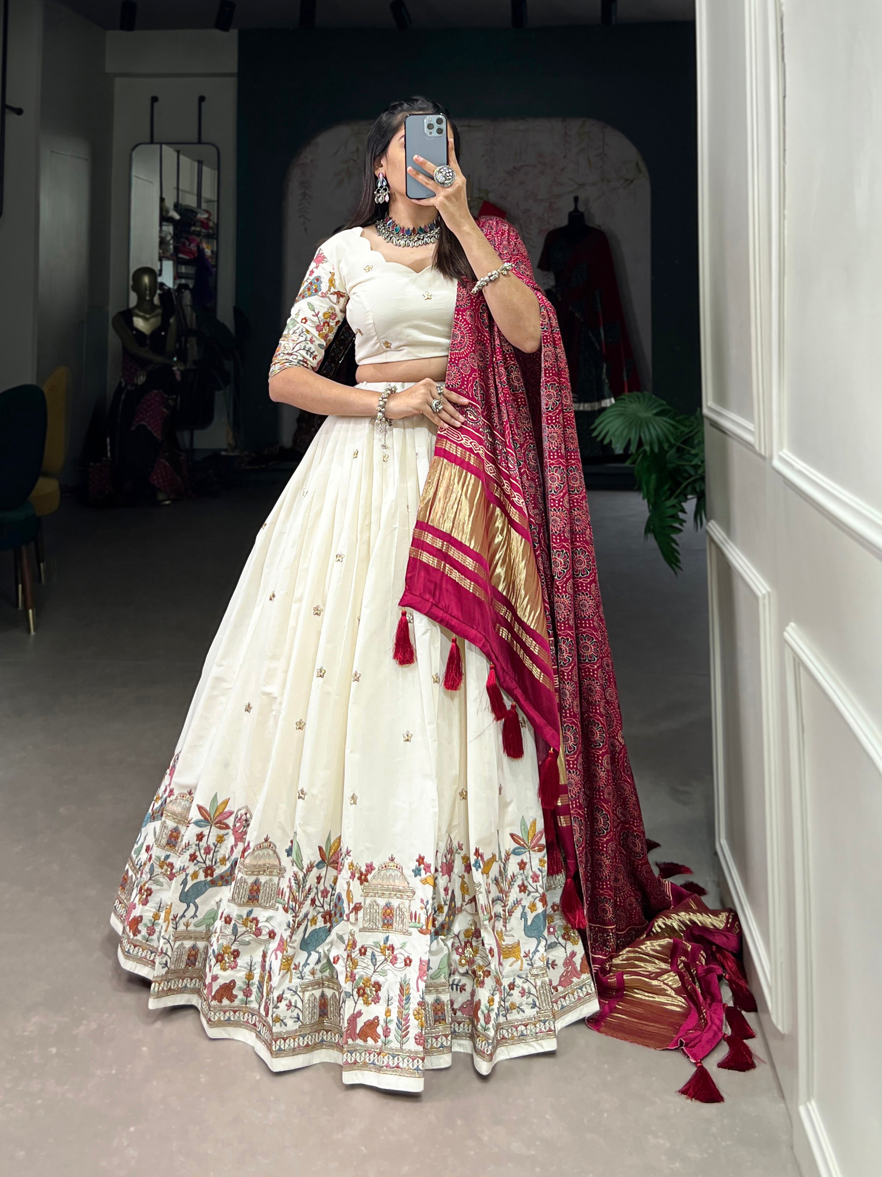 Lorenvalley Off White Khadi cotton Sequins And Thread Embroidery Work Lehenga Choli
