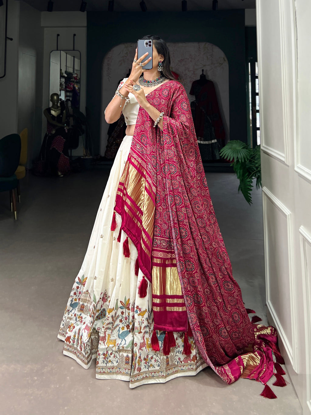 Lorenvalley Off White Khadi cotton Sequins And Thread Embroidery Work Lehenga Choli