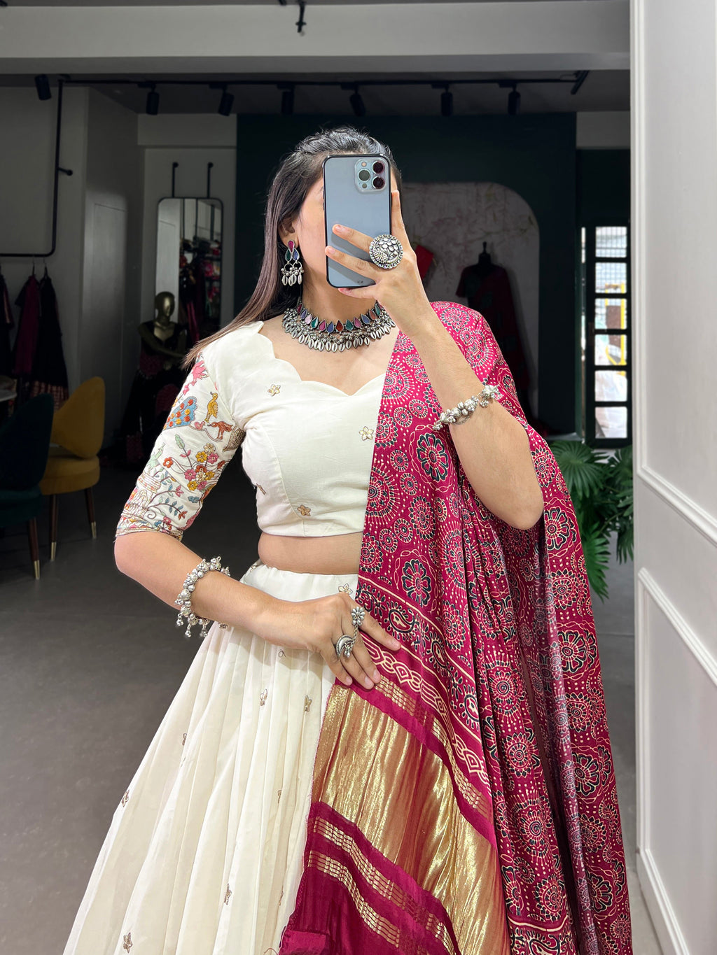 Lorenvalley Off White Khadi cotton Sequins And Thread Embroidery Work Lehenga Choli