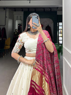 Lorenvalley Off White Khadi cotton Sequins And Thread Embroidery Work Lehenga Choli