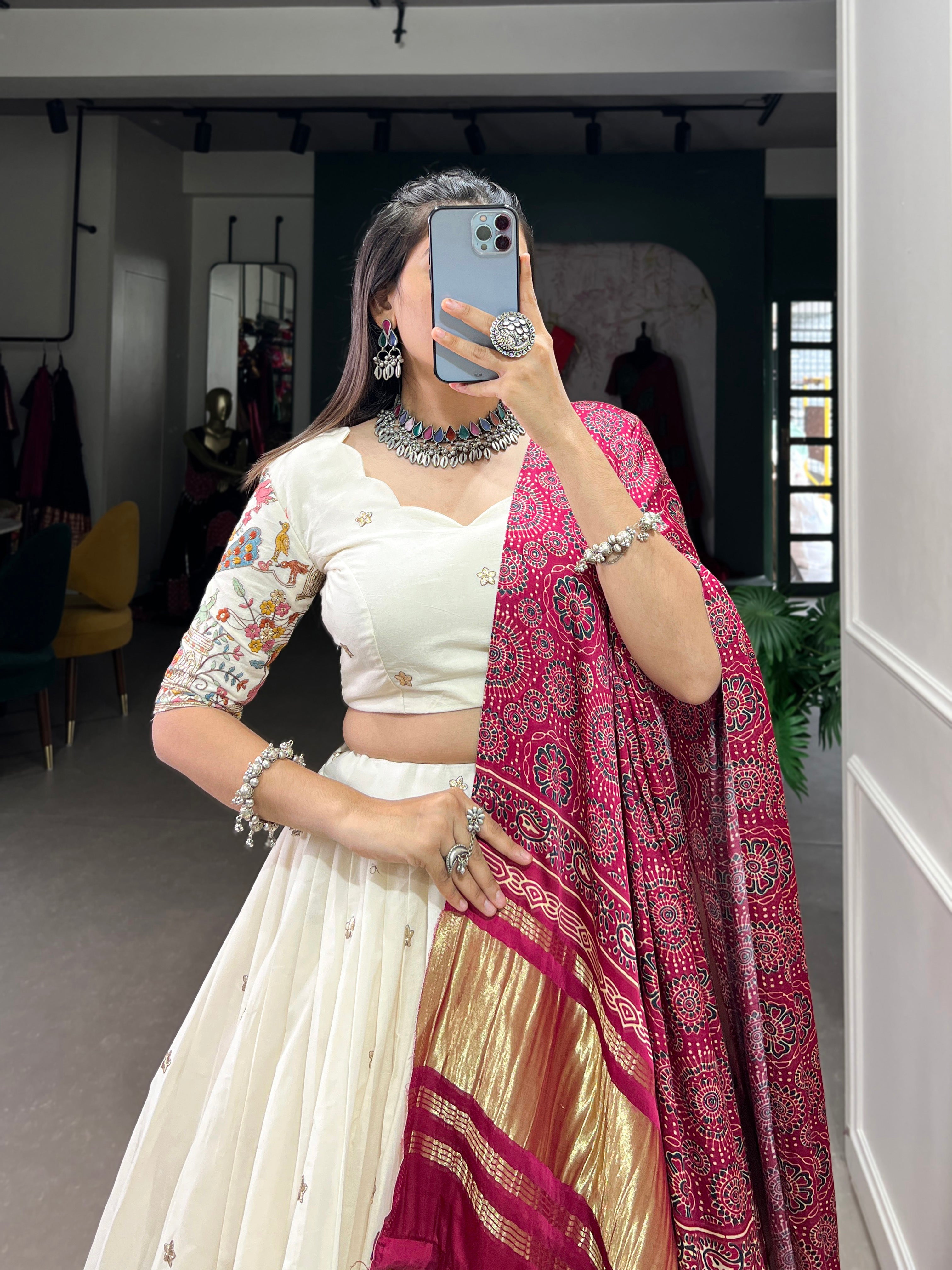 Lorenvalley Off White Khadi cotton Sequins And Thread Embroidery Work Lehenga Choli