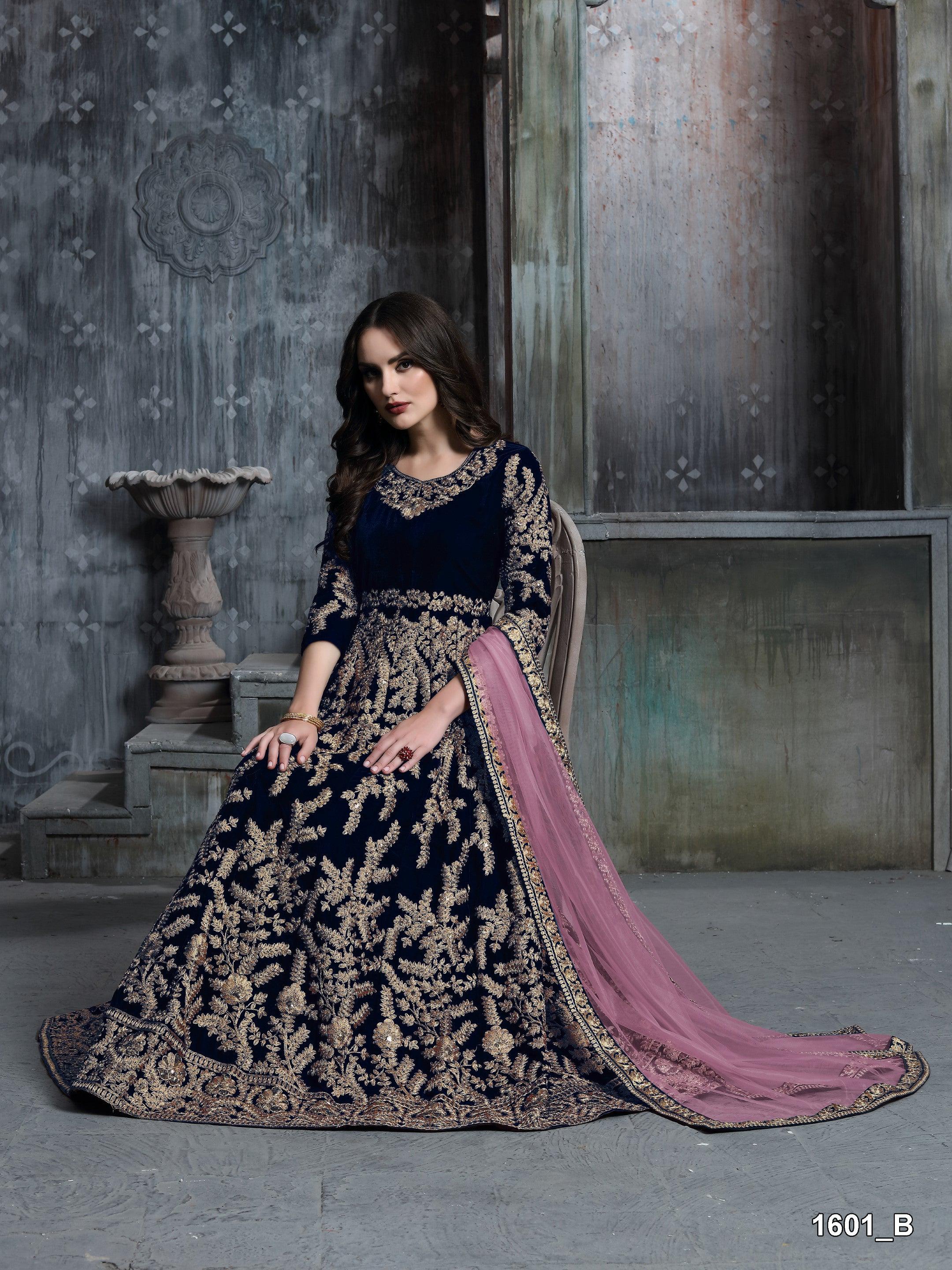 Anaita Navy Blue Embroidered Velvet Patiala Suit - Distacart