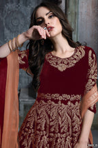 Anaita Maroon Embroidered Velvet Patiala Suit - Distacart