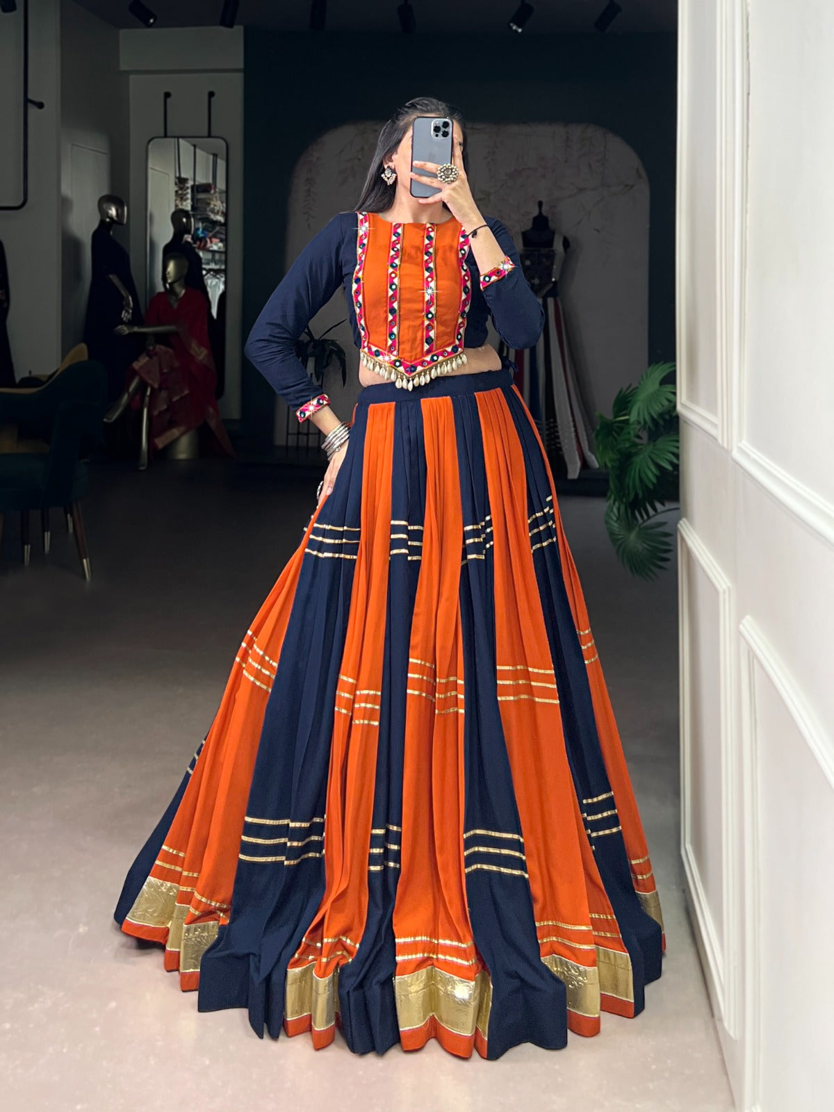 Lorenvalley Fashion Multicolor Pure Rayon Embossed Design With Gotta Patti Lace Touch Up Lehenga Choli