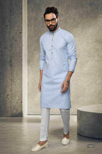 Raivat Ethnic Cotton Printed Work Kurta Pajama In Sky Blue Colour