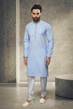 Raivat Ethnic Cotton Printed Work Kurta Pajama In Sky Blue Colour