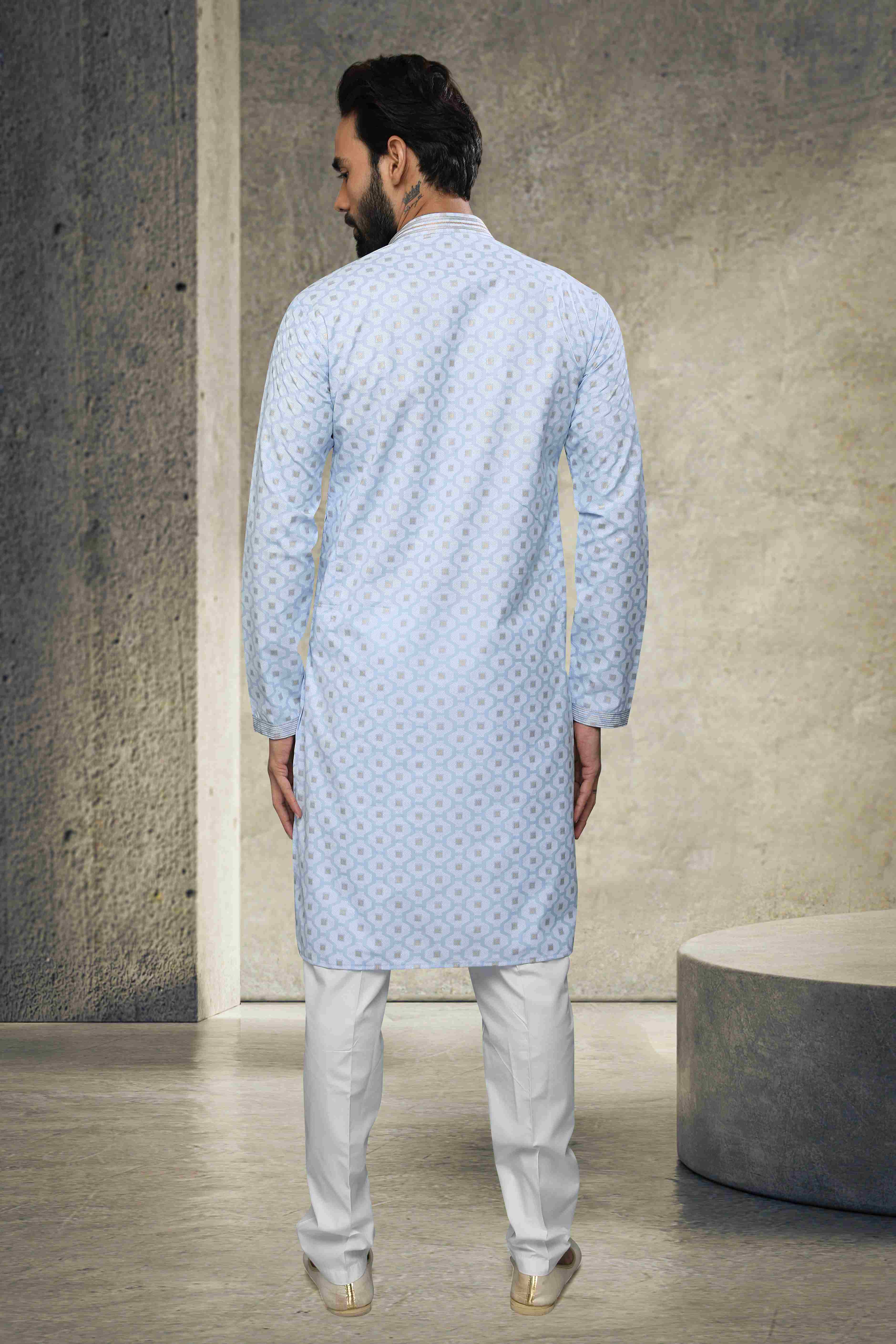 Raivat Ethnic Cotton Printed Work Kurta Pajama In Sky Blue Colour
