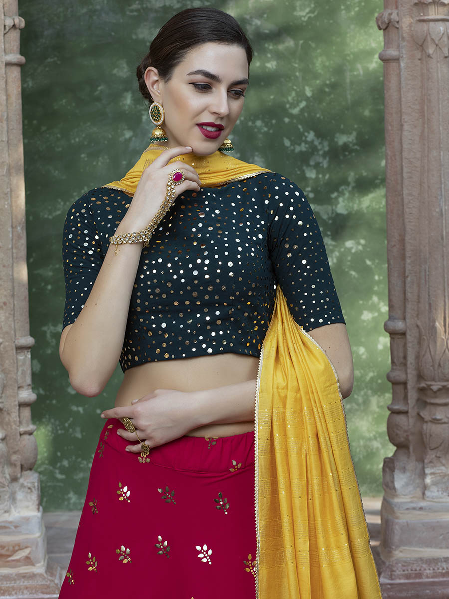Myra Rani & Dark Green Georgette Embroidered Designer Lehenga