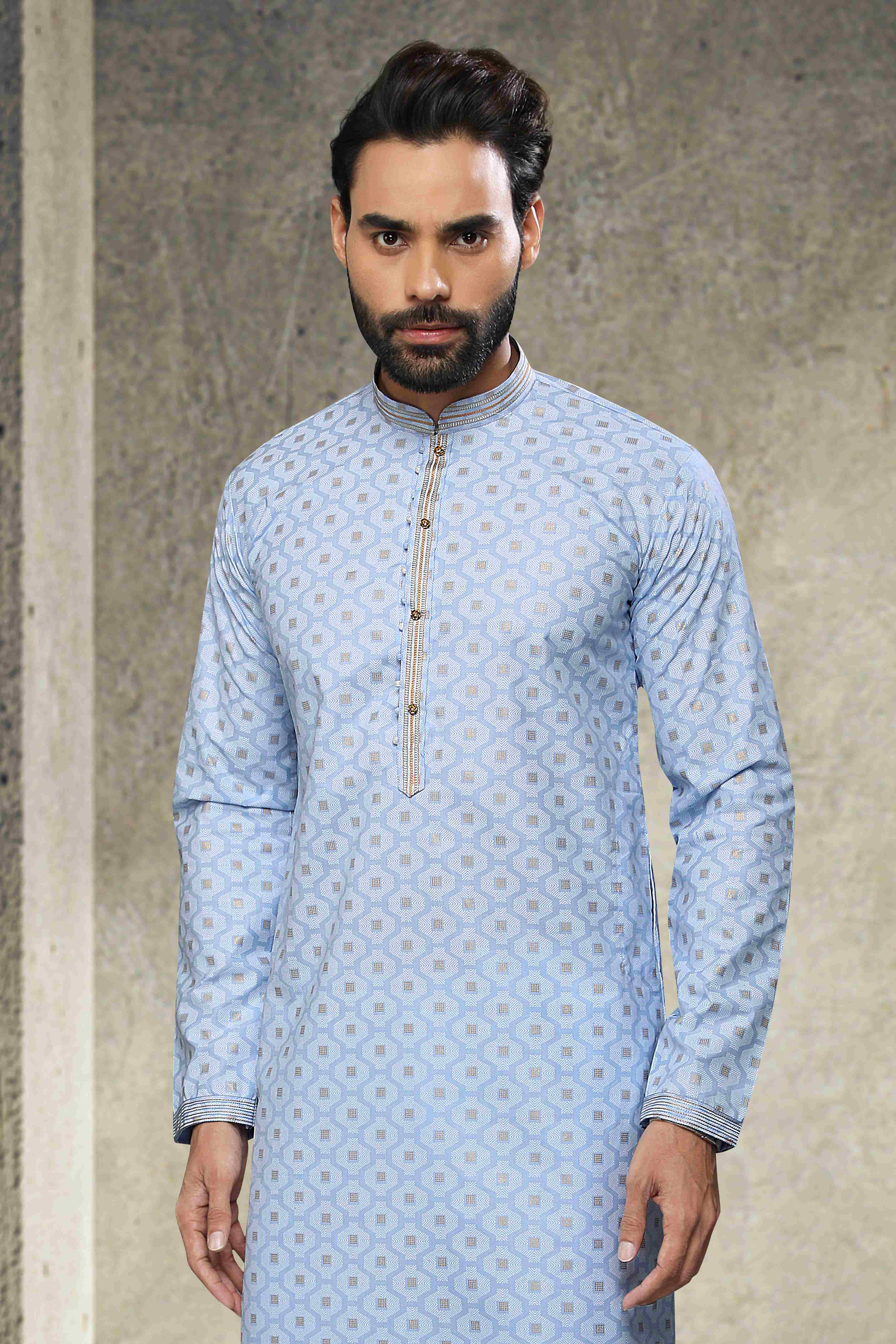 Raivat Ethnic Cotton Printed Work Kurta Pajama In Sky Blue Colour