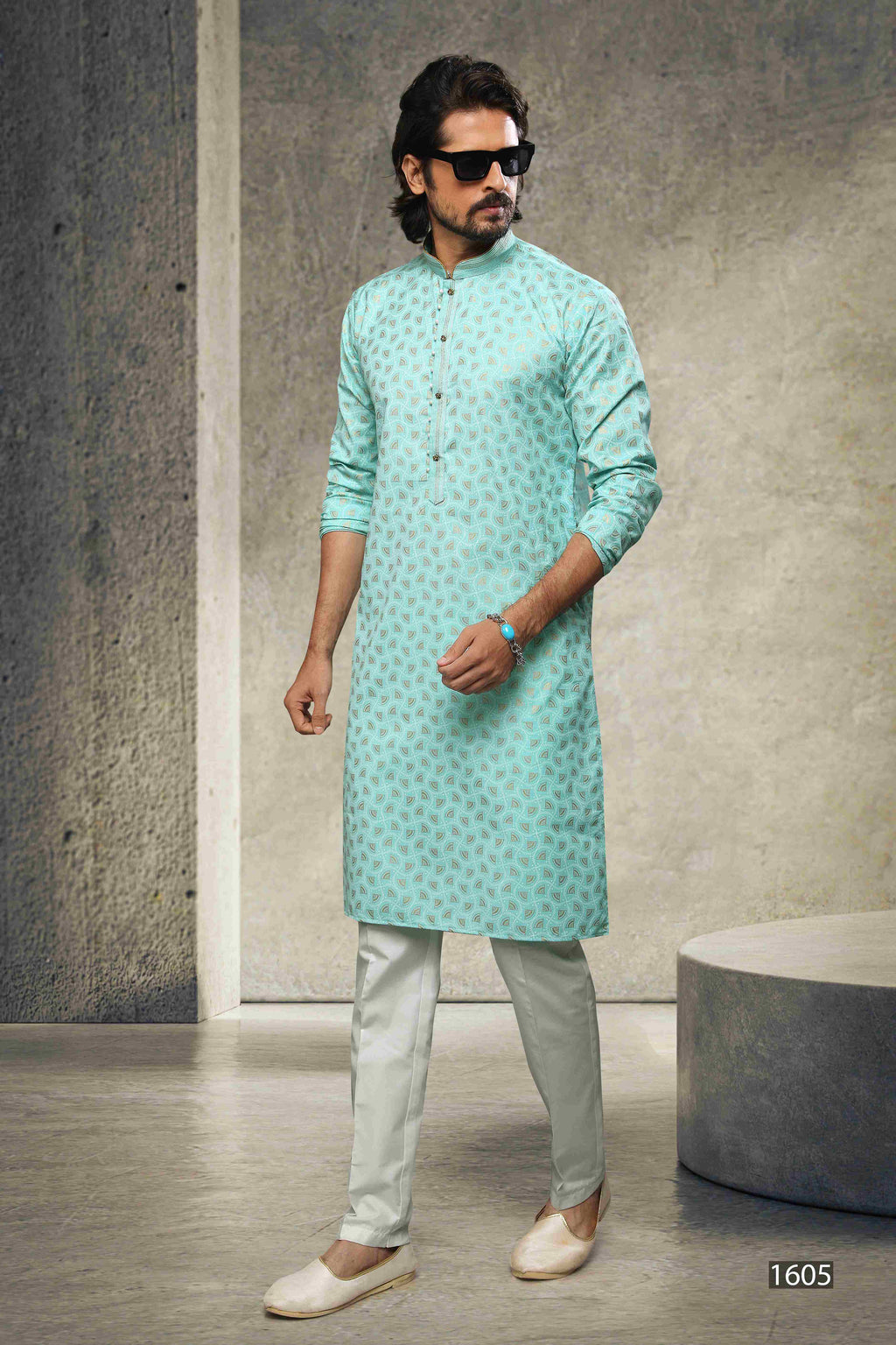 Raivat Ethnic Cotton Printed Work Kurta Pajama In Sea Green Colour