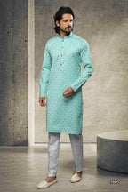 Raivat Ethnic Cotton Printed Work Kurta Pajama In Sea Green Colour