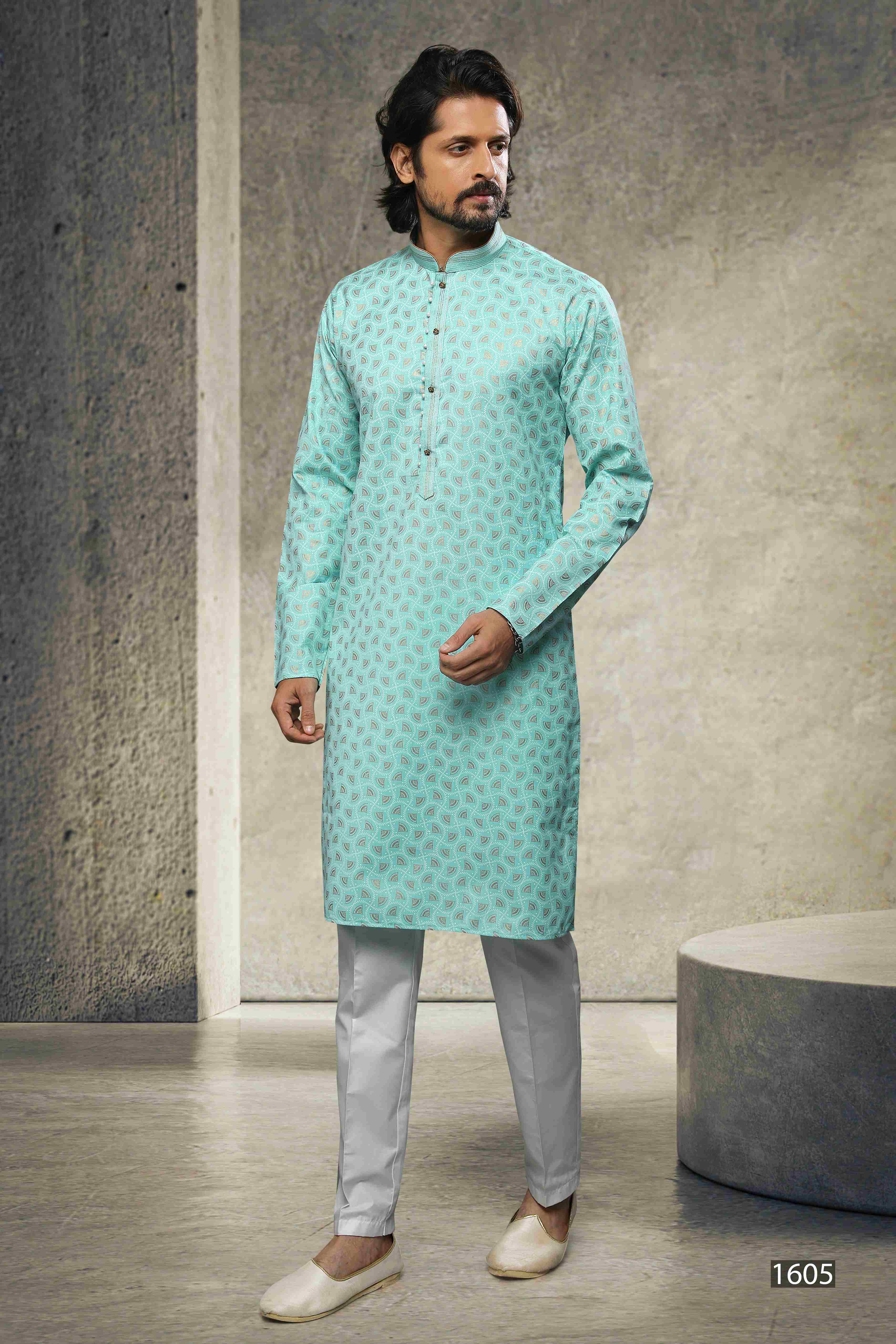 Raivat Ethnic Cotton Printed Work Kurta Pajama In Sea Green Colour