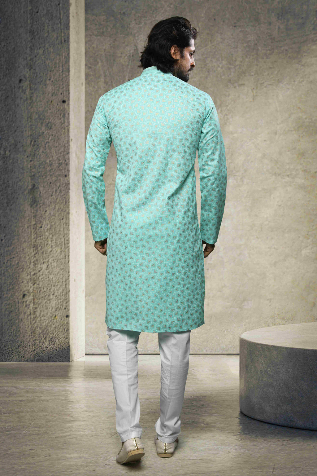 Raivat Ethnic Cotton Printed Work Kurta Pajama In Sea Green Colour