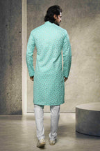 Raivat Ethnic Cotton Printed Work Kurta Pajama In Sea Green Colour
