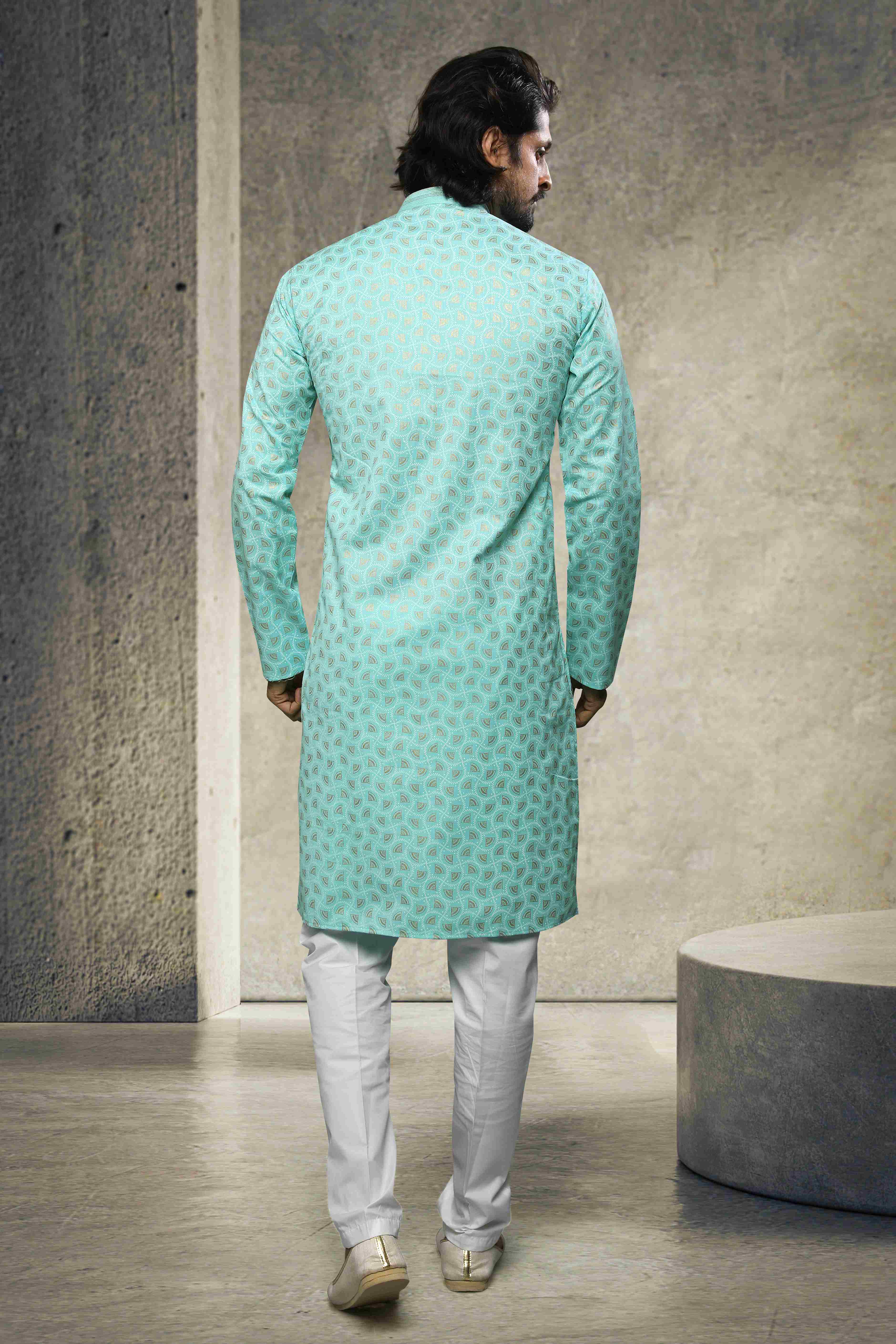 Raivat Ethnic Cotton Printed Work Kurta Pajama In Sea Green Colour