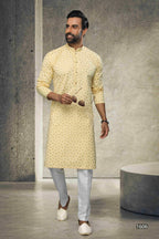 Raivat Ethnic Cotton Printed Work Kurta Pajama In Yellow Colour