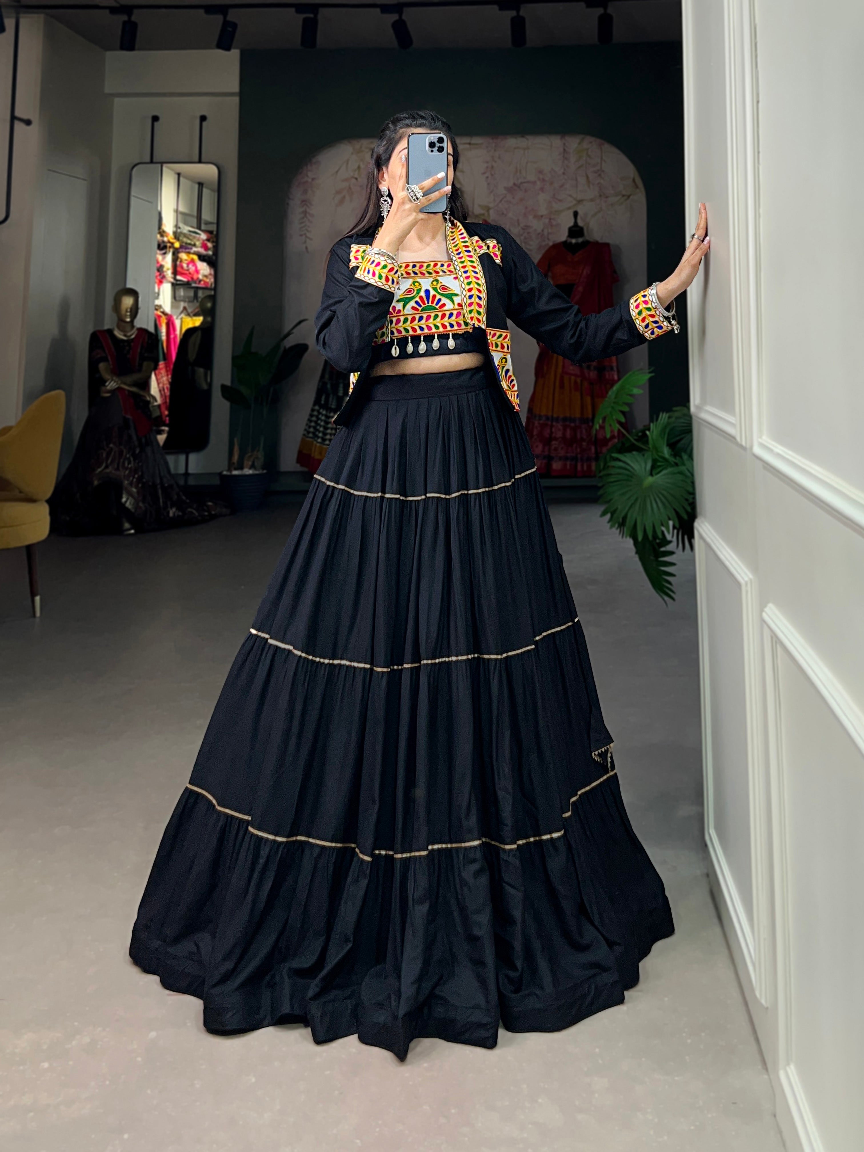 Lorenvalley Fashion Black Pure Rayon Plain With Gota Patti Touch Up Lehenga Choli with Koti