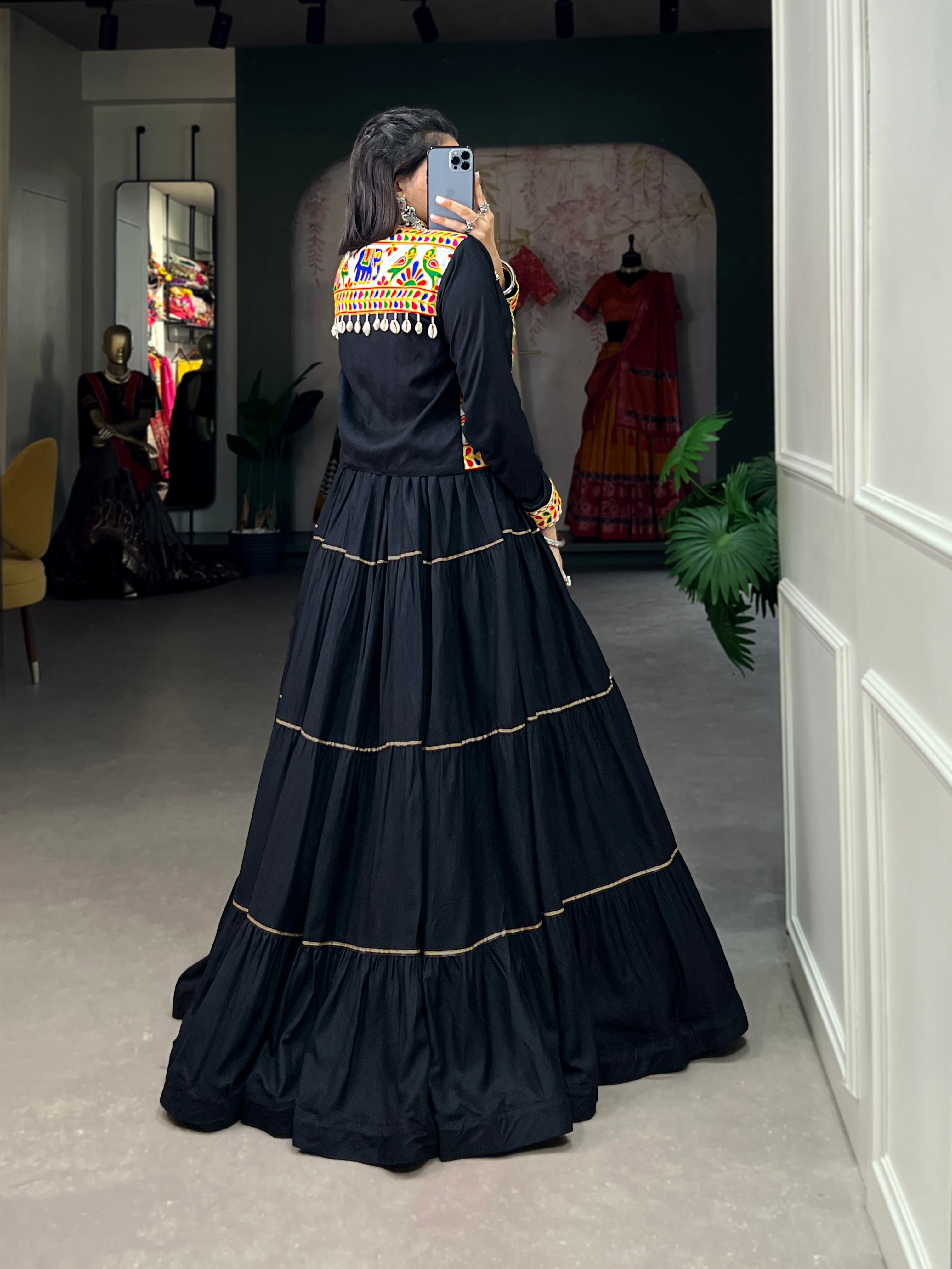 Lorenvalley Fashion Black Pure Rayon Plain With Gota Patti Touch Up Lehenga Choli with Koti