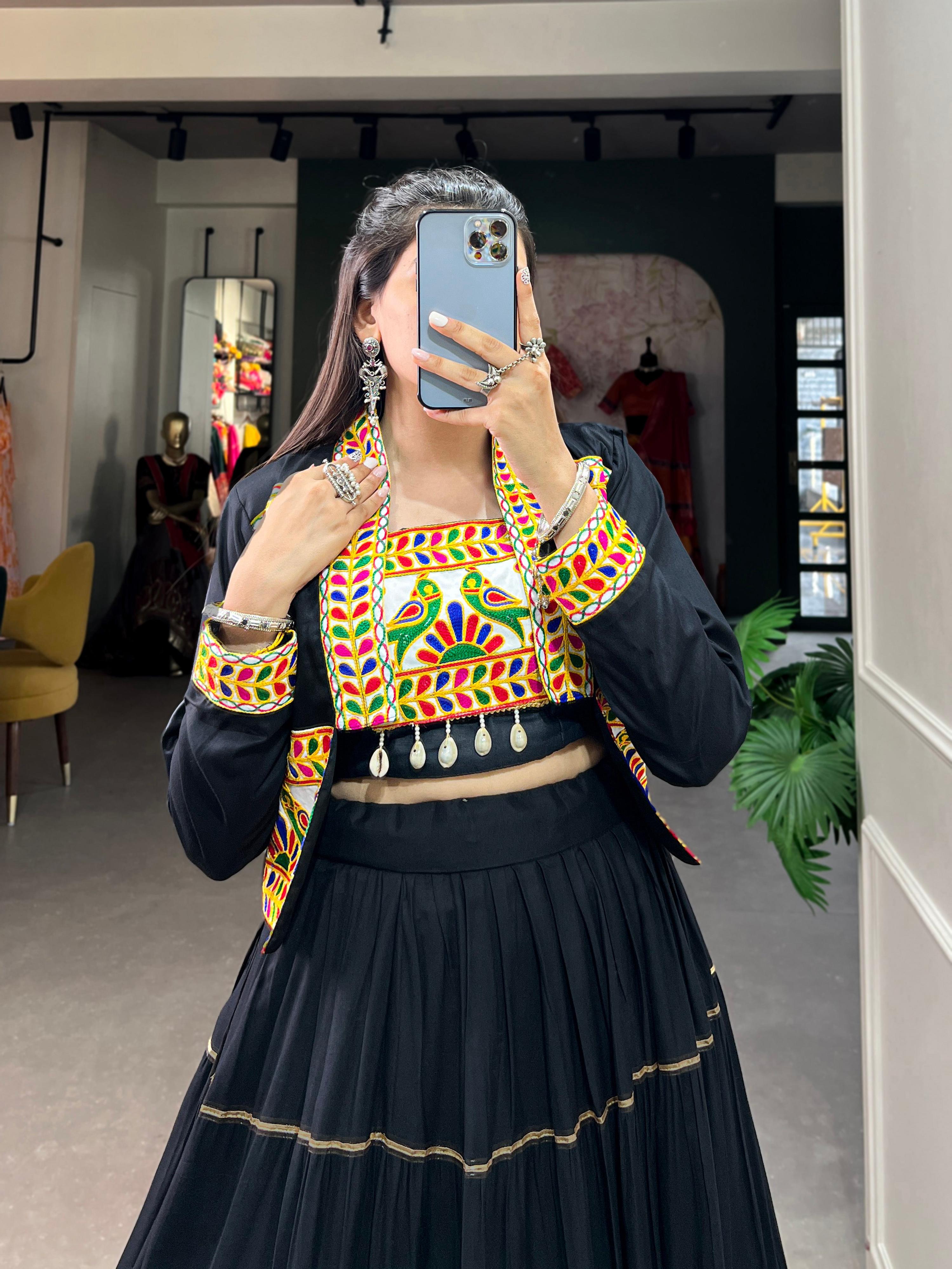 Lorenvalley Fashion Black Pure Rayon Plain With Gota Patti Touch Up Lehenga Choli with Koti