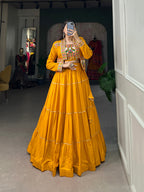 Lorenvalley Fashion Mustard Pure Rayon Plain With Gota Patti Touch Up Lehenga Choli with Koti