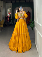 Lorenvalley Fashion Mustard Pure Rayon Plain With Gota Patti Touch Up Lehenga Choli with Koti