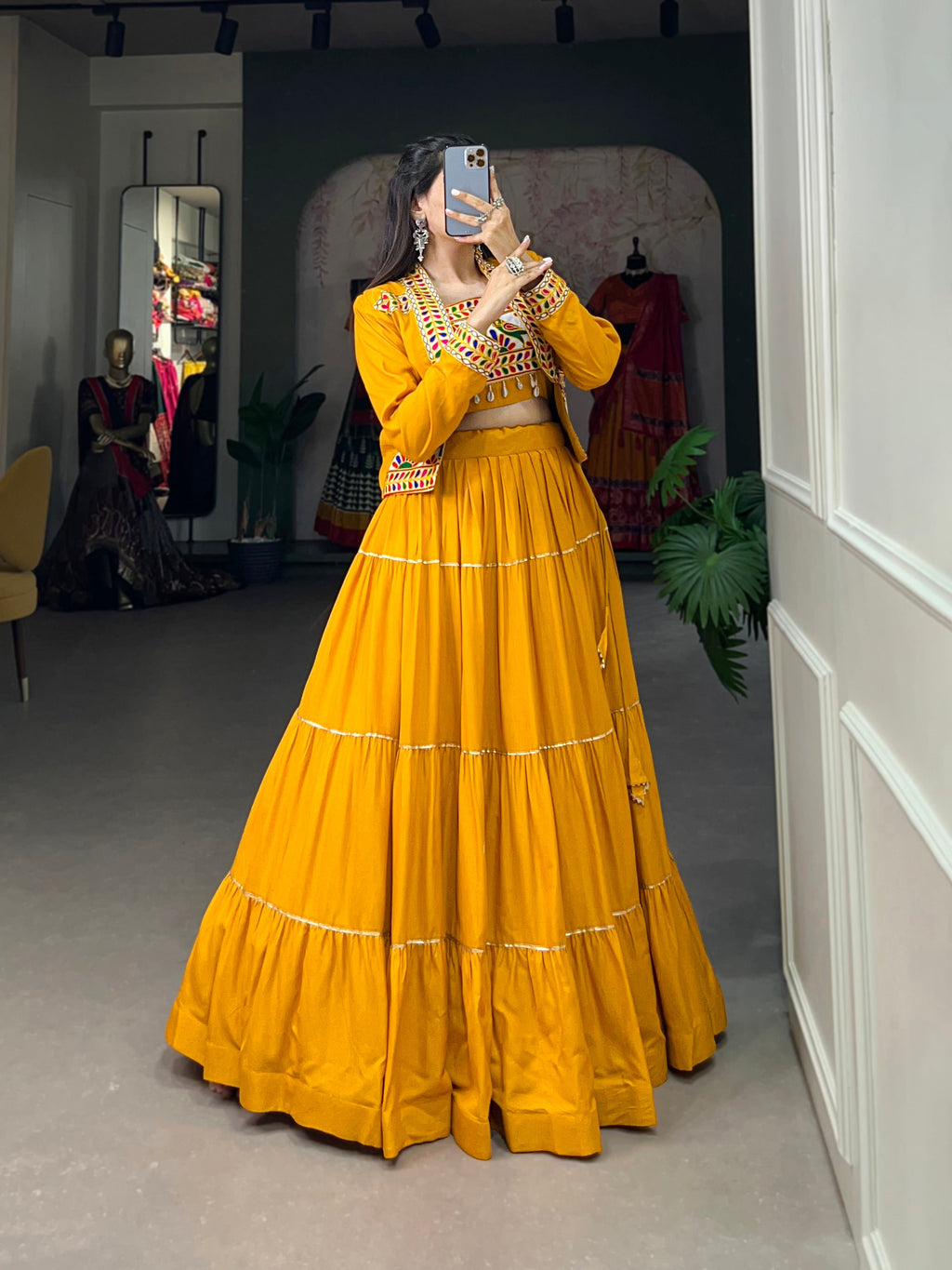 Lorenvalley Fashion Mustard Pure Rayon Plain With Gota Patti Touch Up Lehenga Choli with Koti