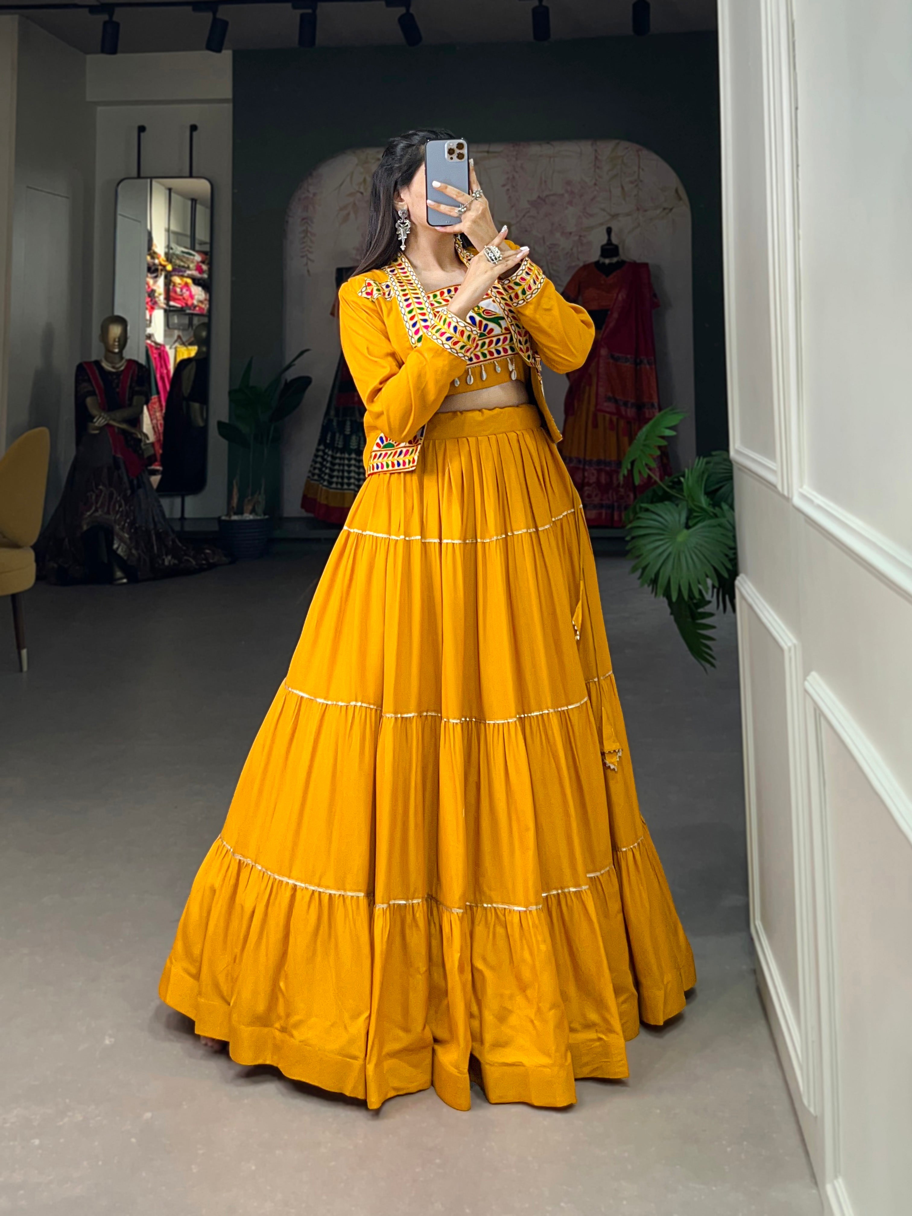 Lorenvalley Fashion Mustard Pure Rayon Plain With Gota Patti Touch Up Lehenga Choli with Koti