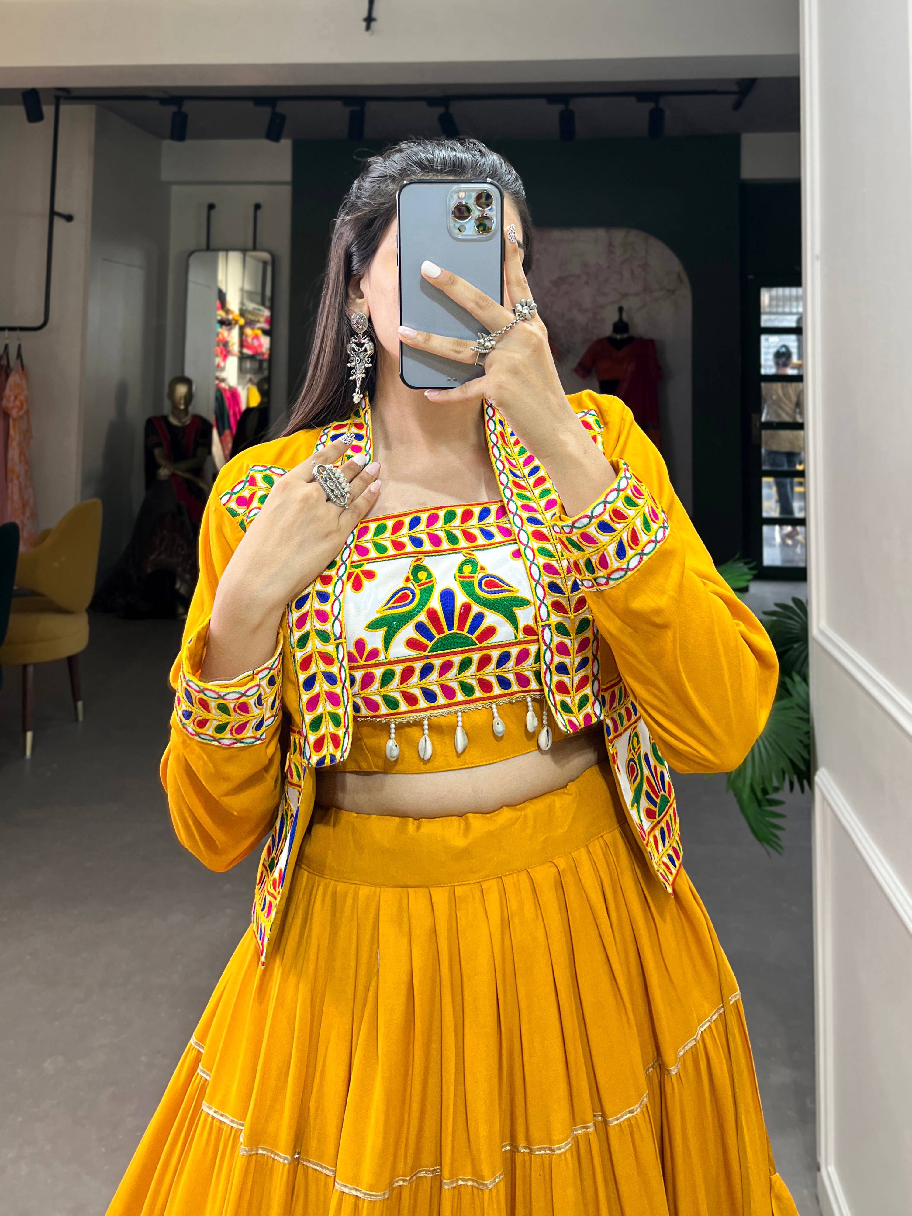 Lorenvalley Fashion Mustard Pure Rayon Plain With Gota Patti Touch Up Lehenga Choli with Koti